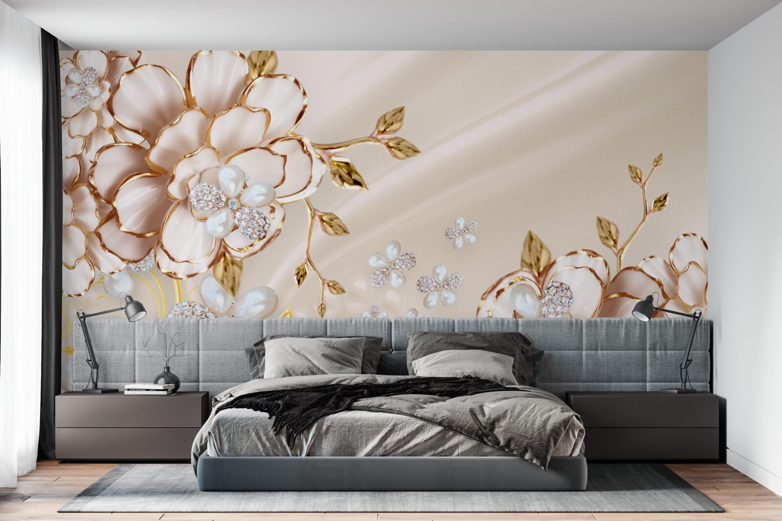 Papier peint fleurs avec brocart de diamants d'or