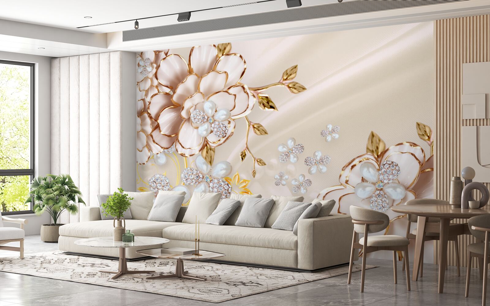 Papier peint fleurs avec brocart de diamants d'or