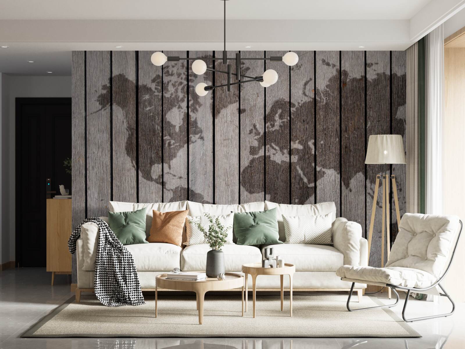 Papier peint carte du monde sur planches en bois