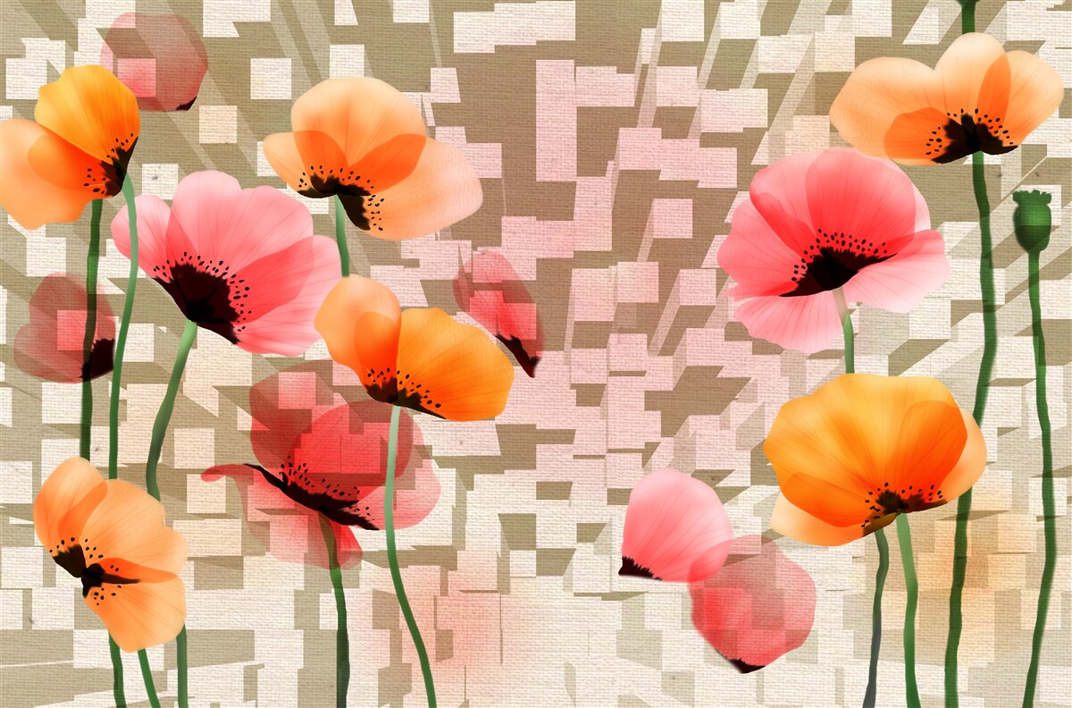 Papier peint ensemble de coquelicots roses et pêches