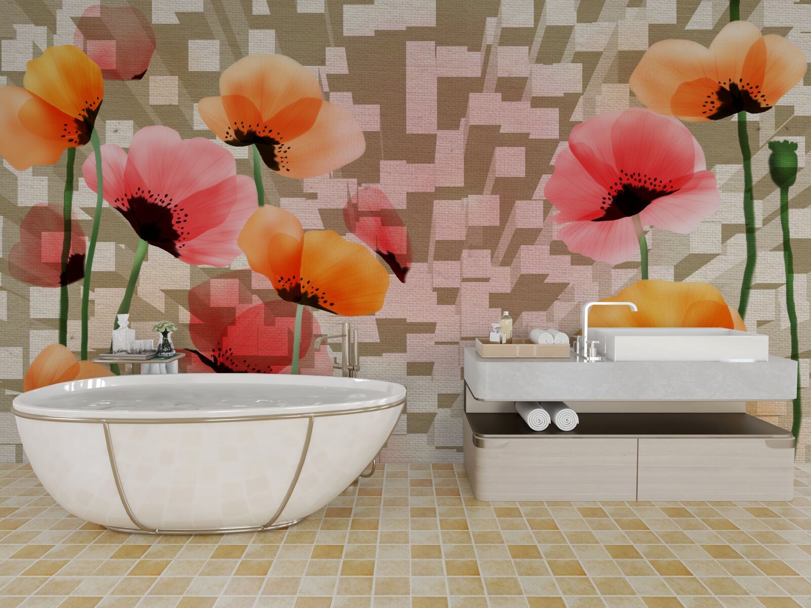 Papier peint ensemble de coquelicots roses et pêches