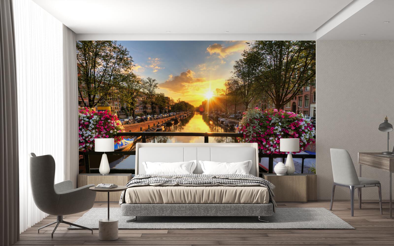 Papier peint regarder le coucher de soleil depuis un pont à amsterdam