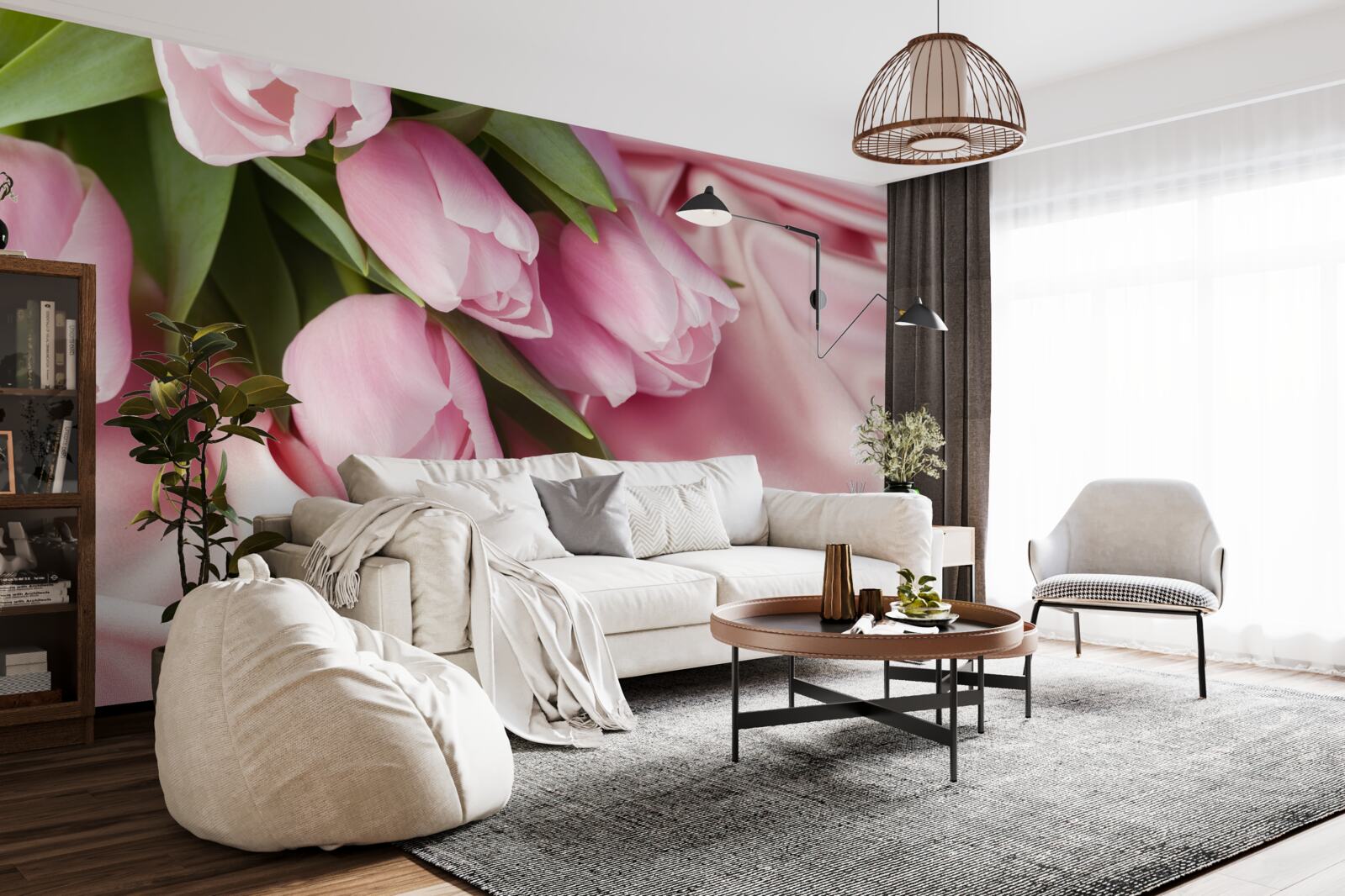 Papier peint tulipes roses sur fond de soie