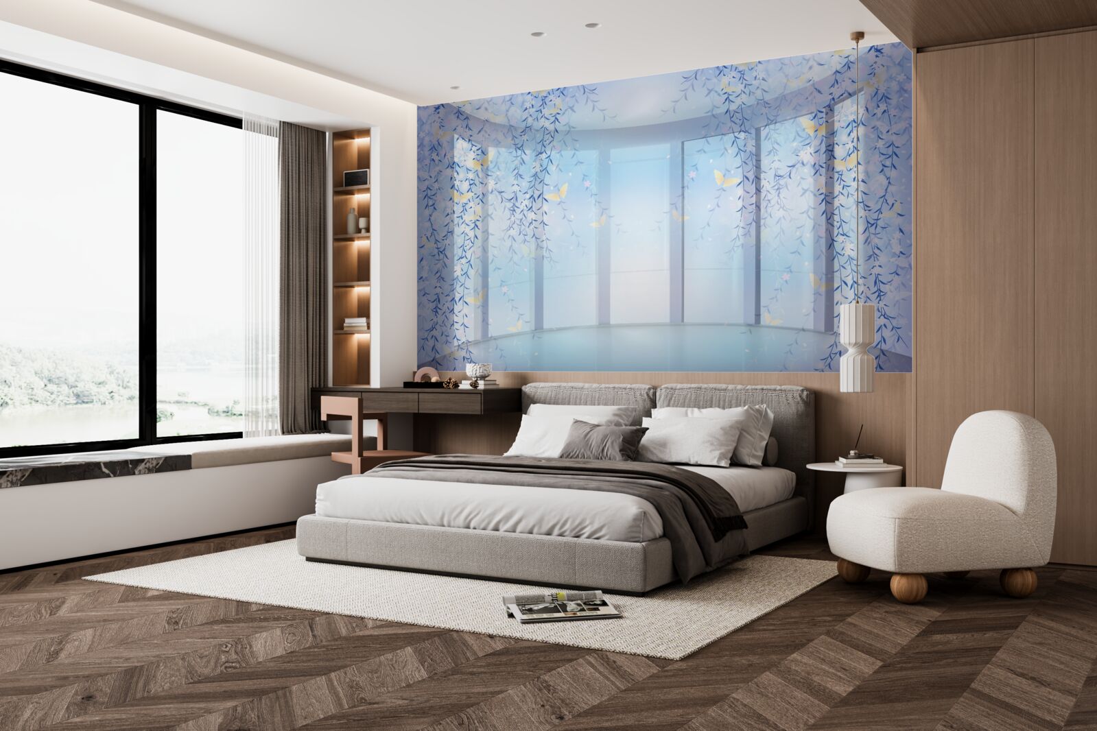 Papier peint Arche décorée de fleurs sur fond d'horizon céleste