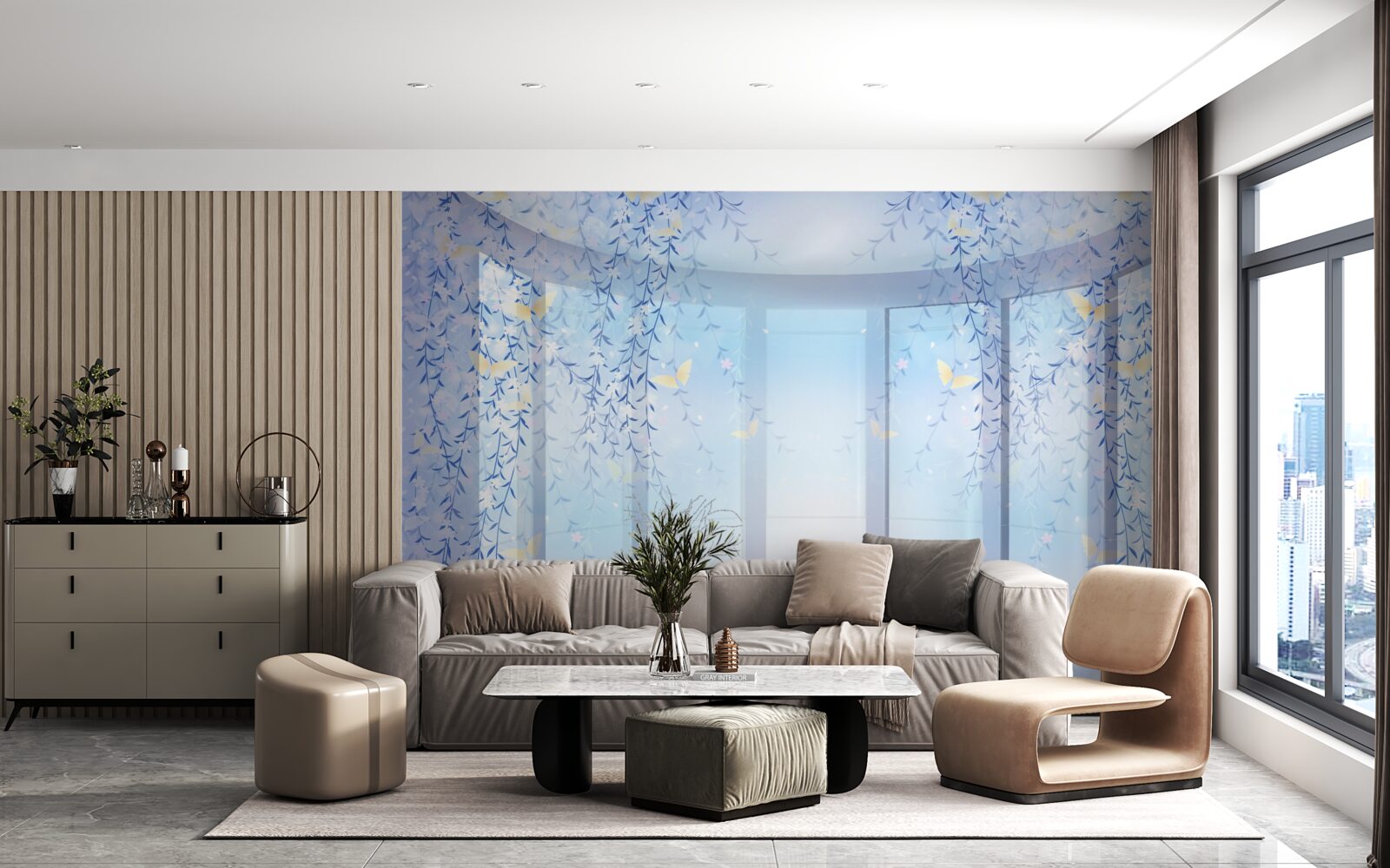 Papier peint Arche décorée de fleurs sur fond d'horizon céleste