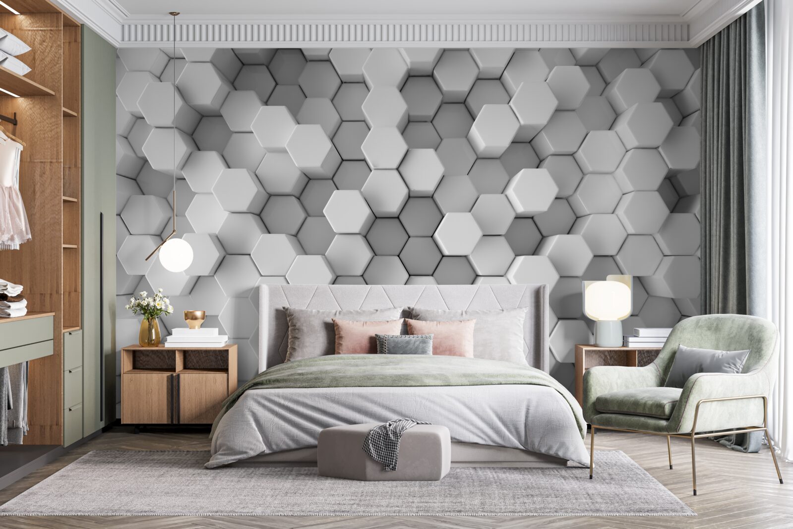 Papier peint hexagones gris et blancs pressés