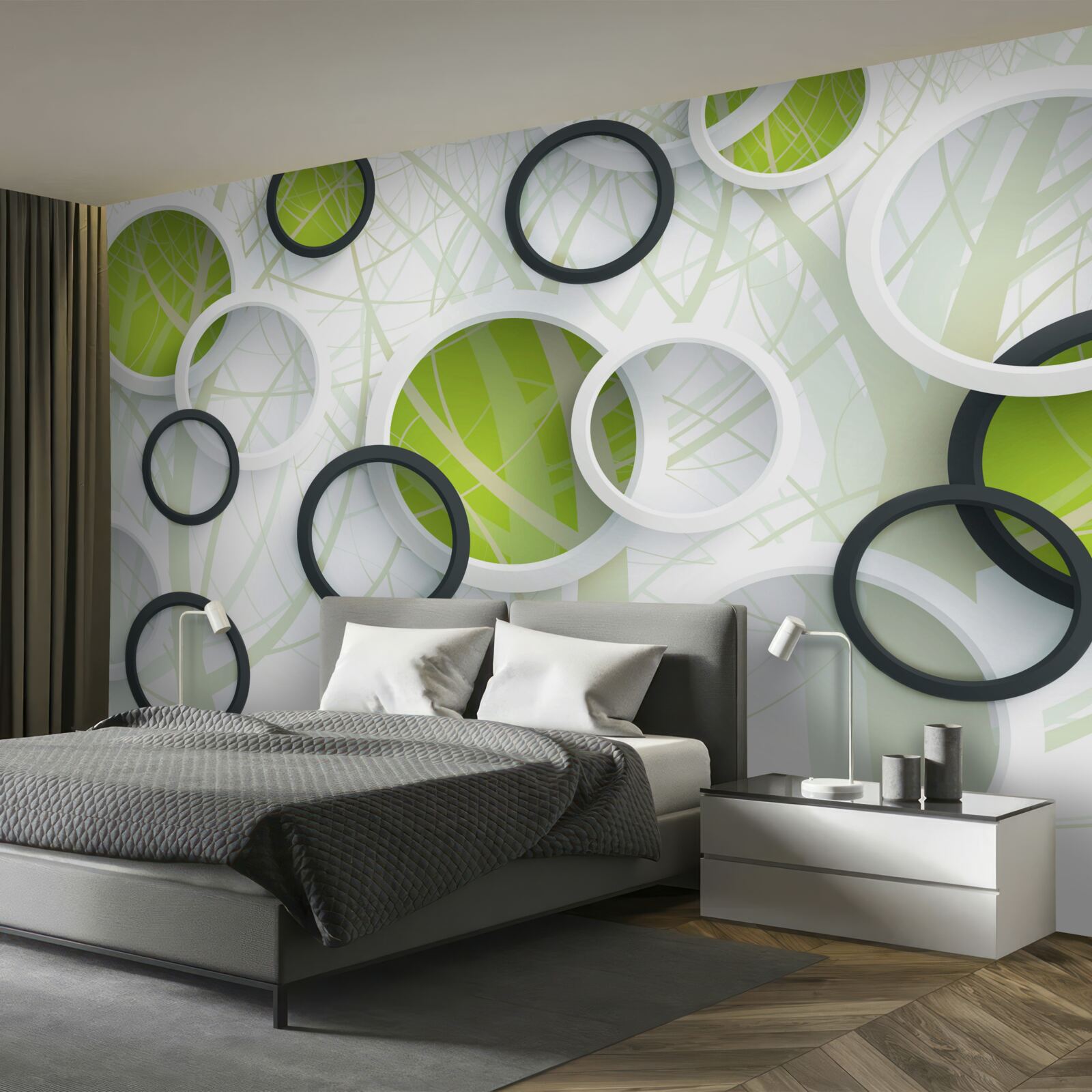 Papier peint forêt dense et envahissante et cercles 3D