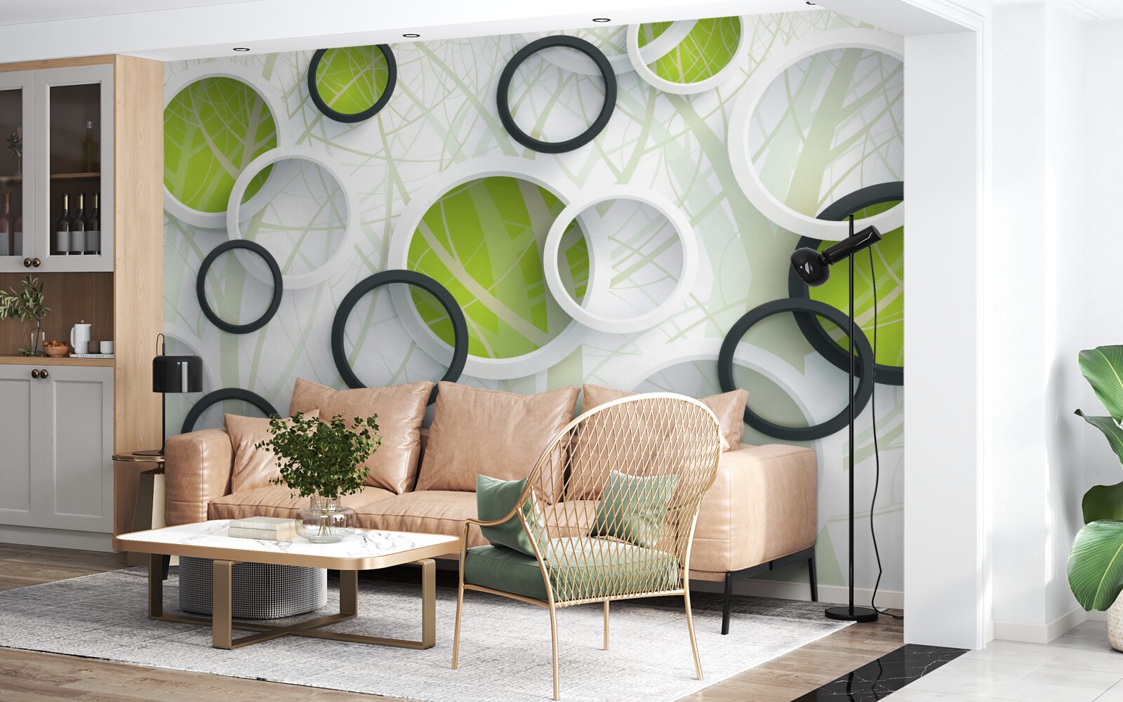 Papier peint forêt dense et envahissante et cercles 3D