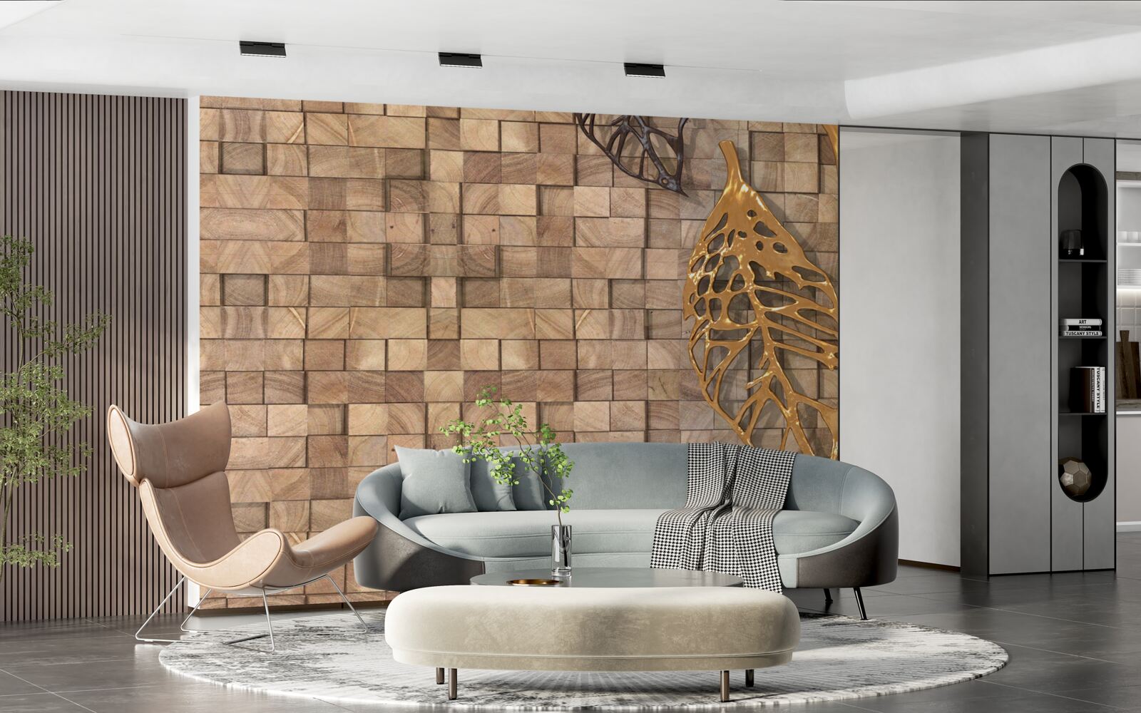 Papier peint mosaïque dans les tons bruns avec une image de feuilles