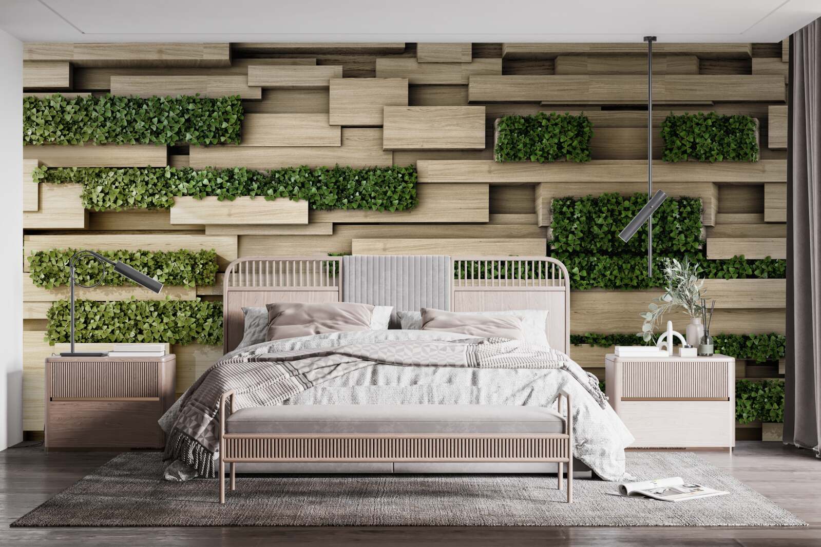 Papier peint plantes vertes sur un mur de pierre