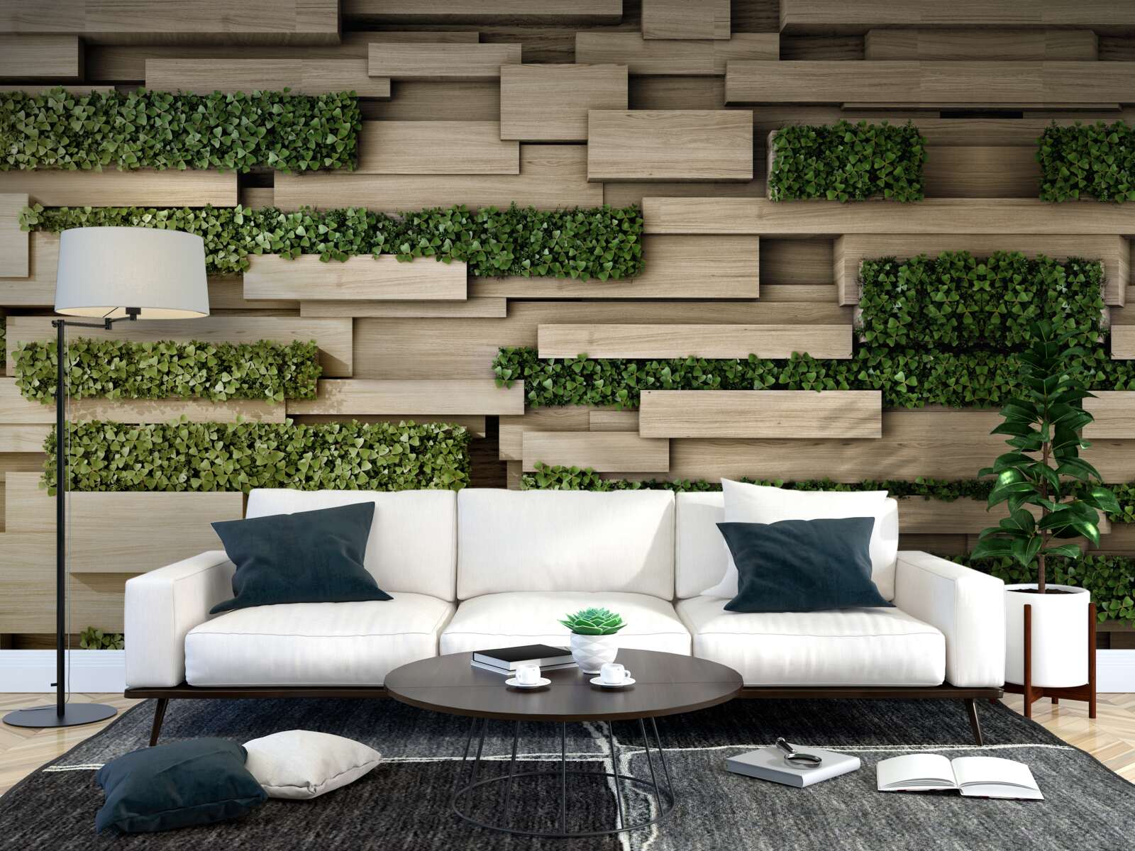 Papier peint plantes vertes sur un mur de pierre