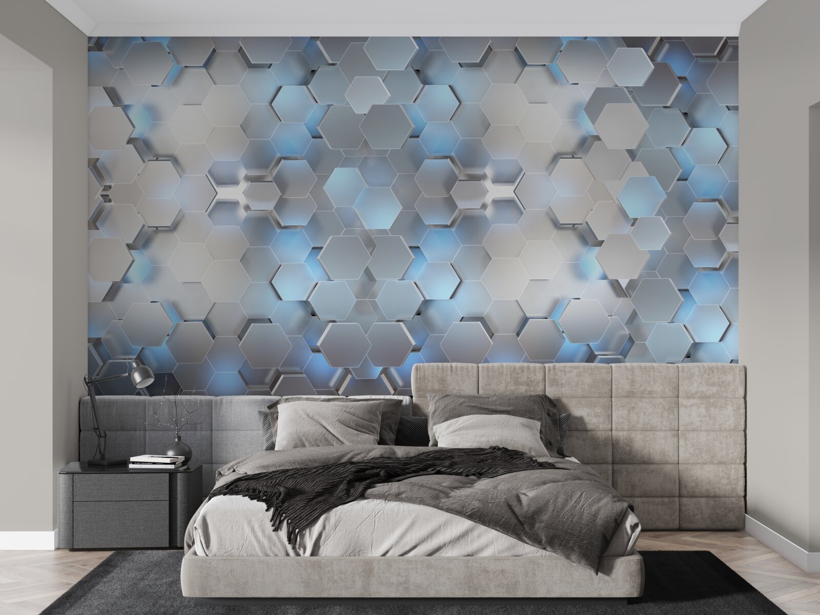 Papier peint perles bleues flottantes sur fond gris