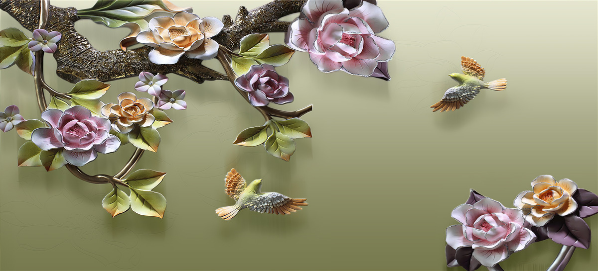 Papier peint des roses délicates et des hirondelles sur les branches