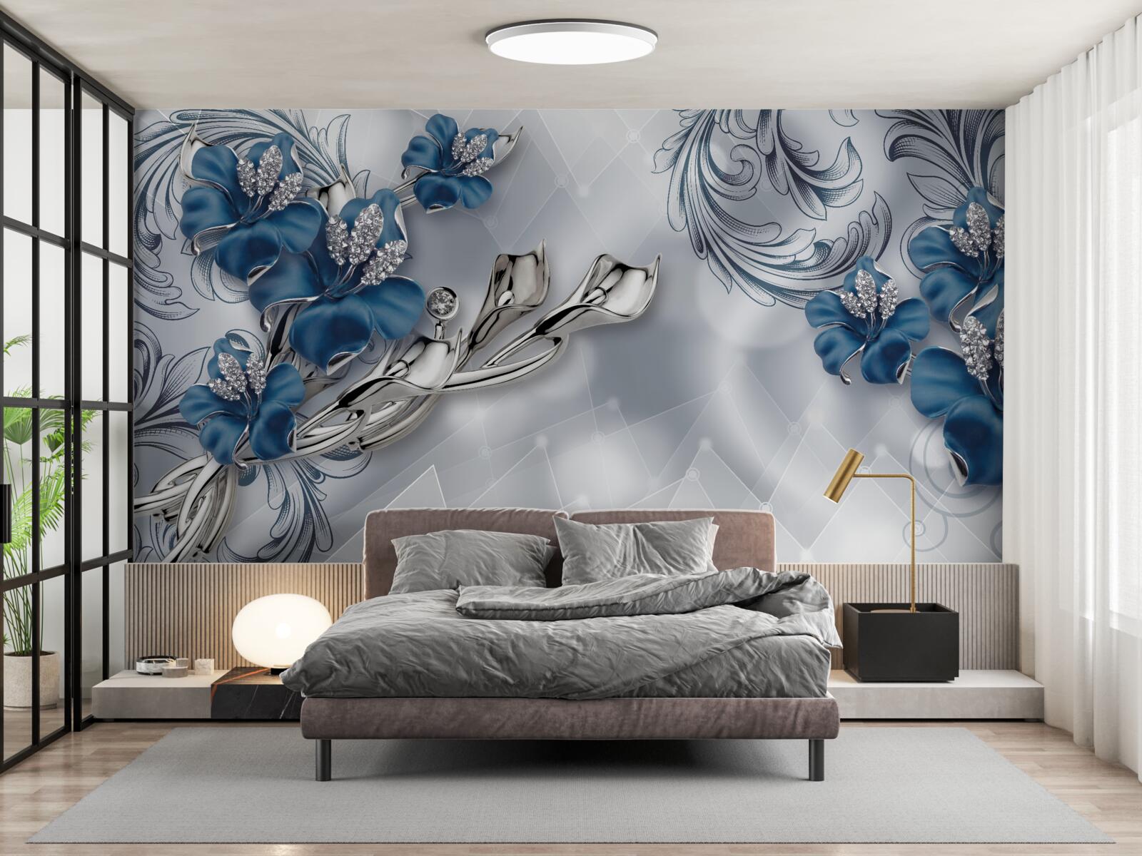 Papier peint lys bleu royal sur fond argenté