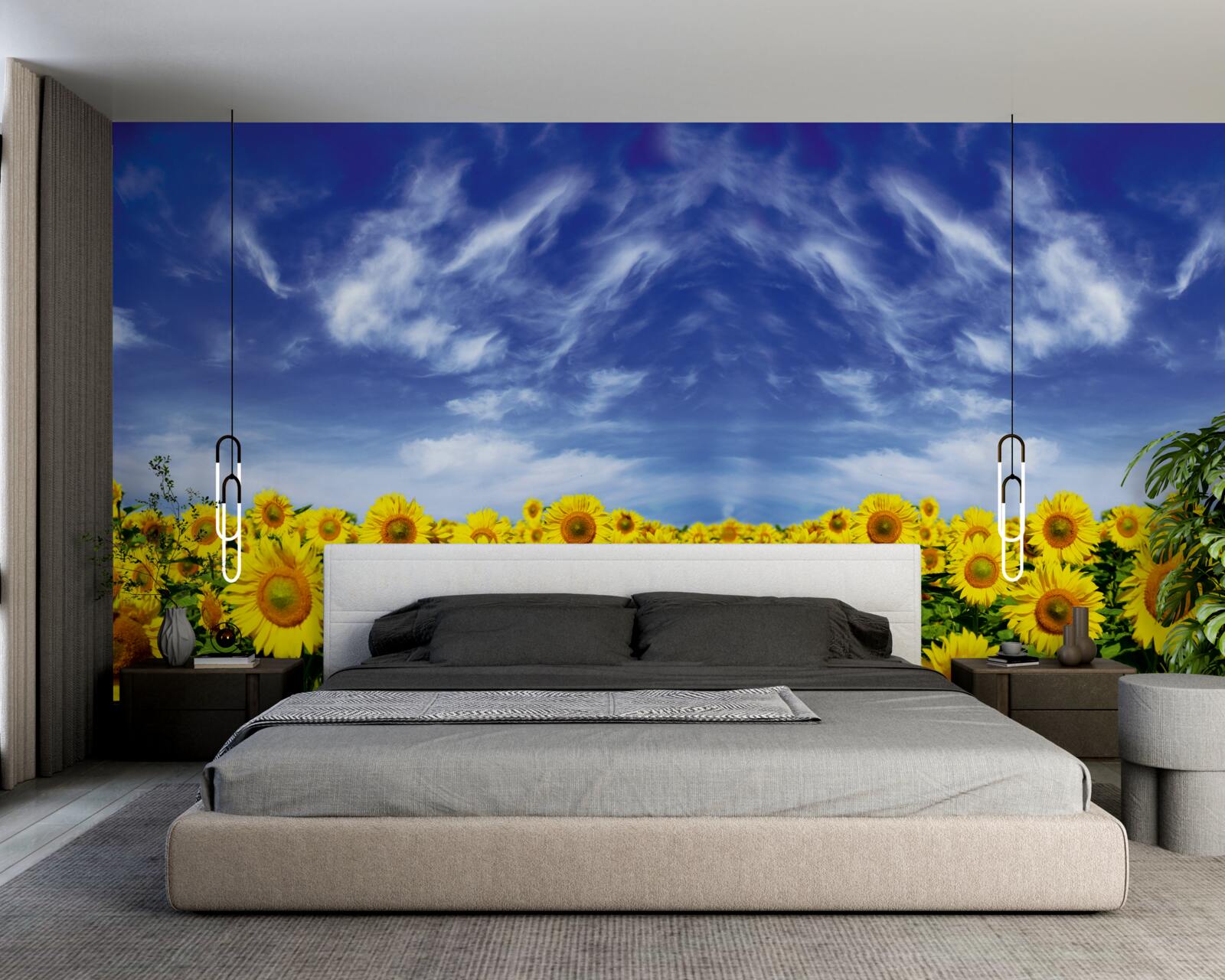 Papier peint ciel bleu sur un champ de tournesols