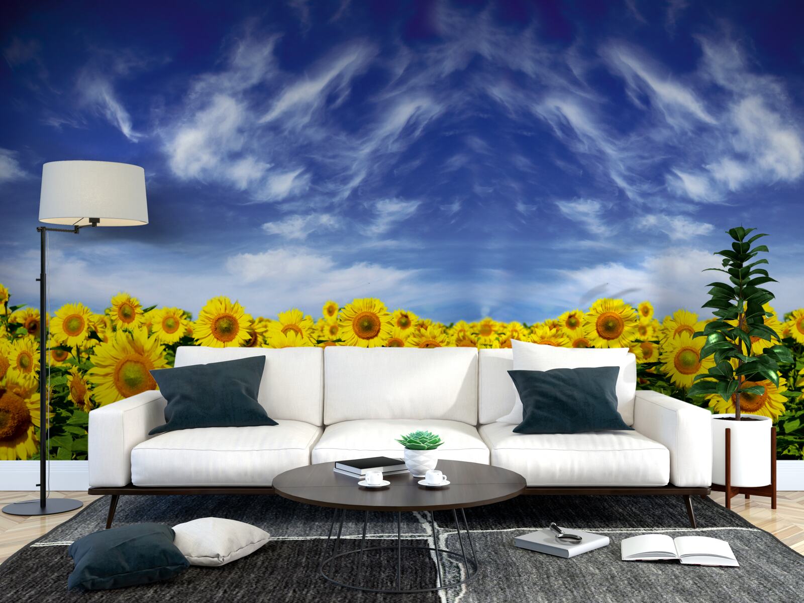 Papier peint ciel bleu sur un champ de tournesols