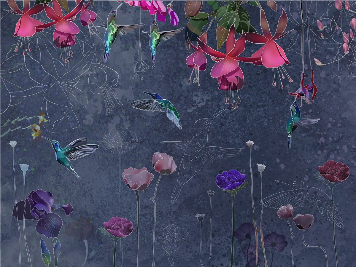 Papier peint colibris et fleurs sur fond gris