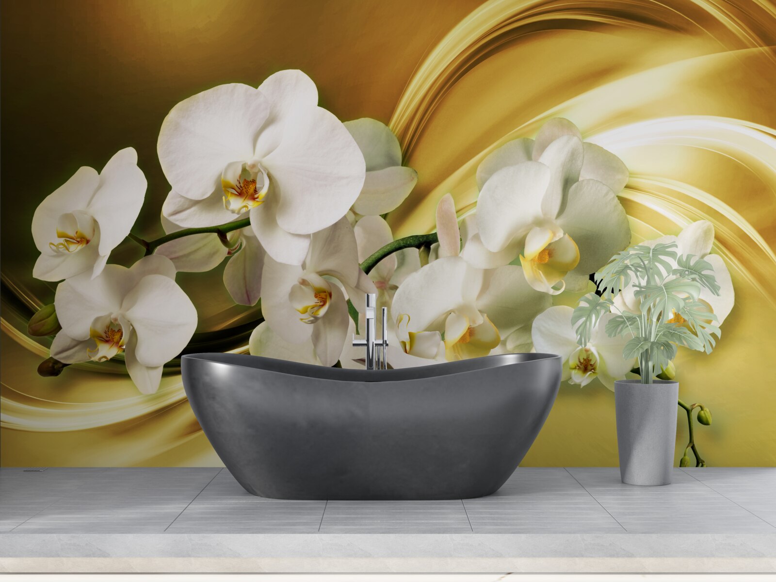 Papier peint Orchidées blanches comme neige, luxueusement ouvertes sur un tissu de soie marron