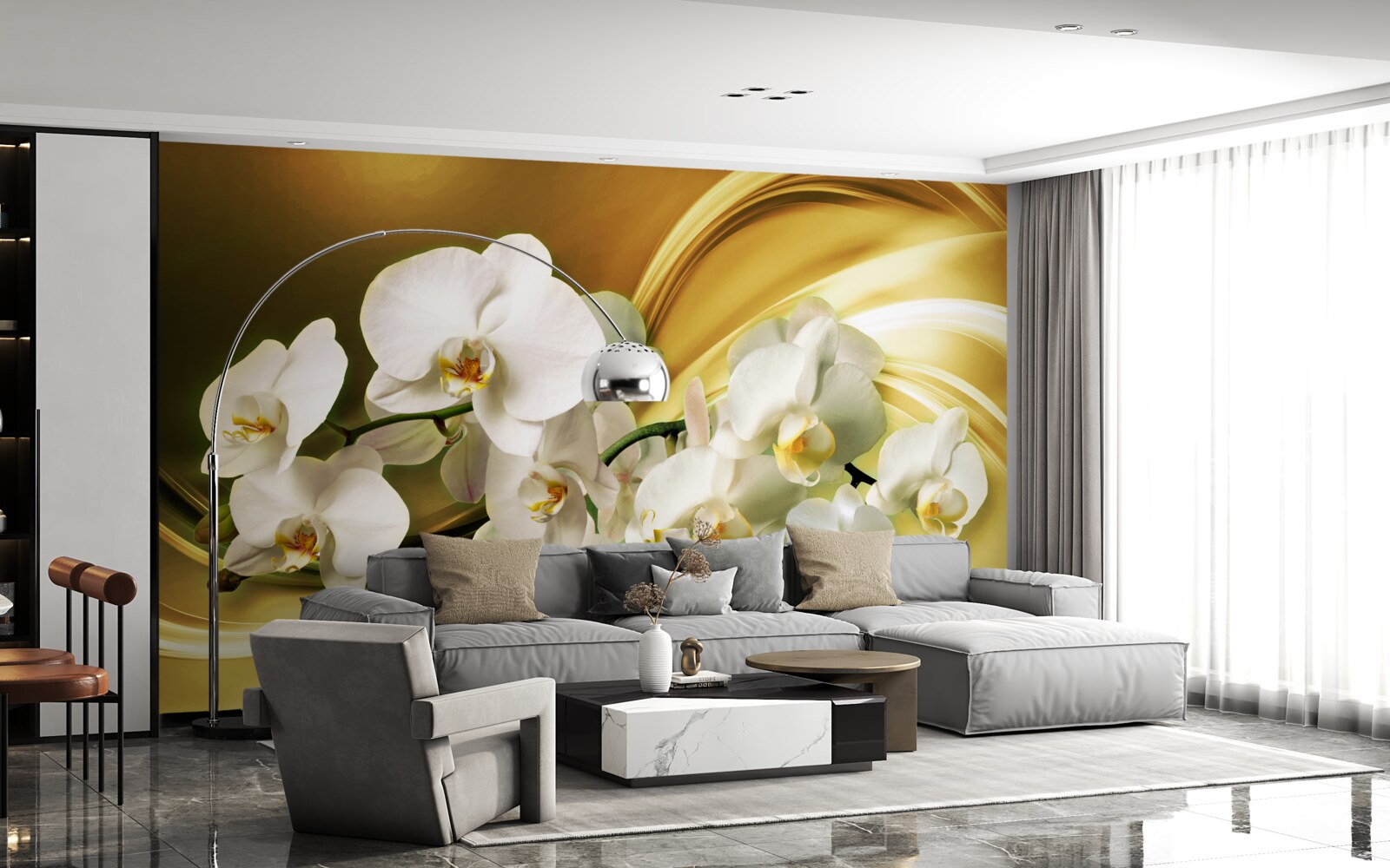 Papier peint Orchidées blanches comme neige, luxueusement ouvertes sur un tissu de soie marron