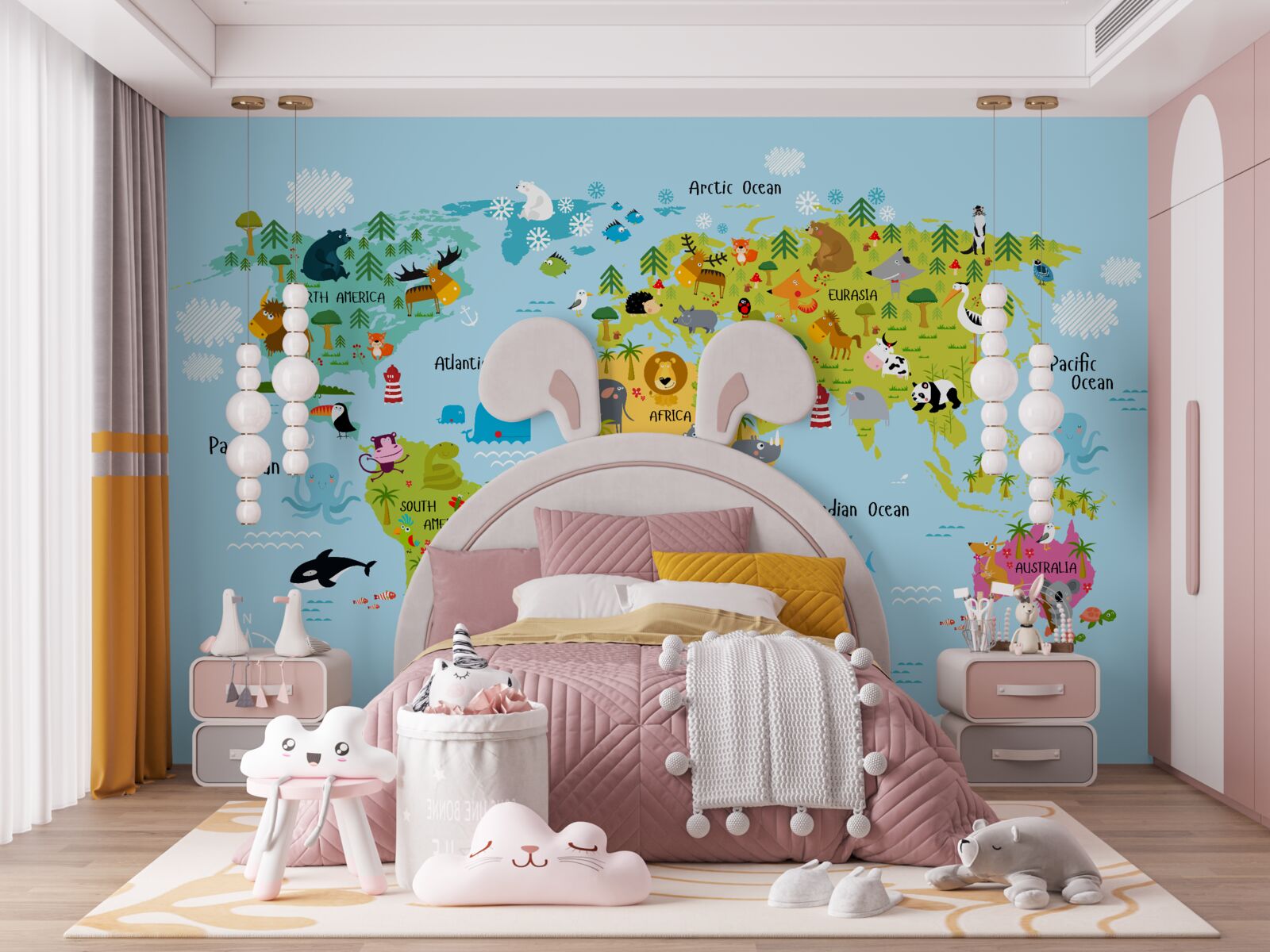 Papier peint Carte du monde pour enfants avec images d'animaux