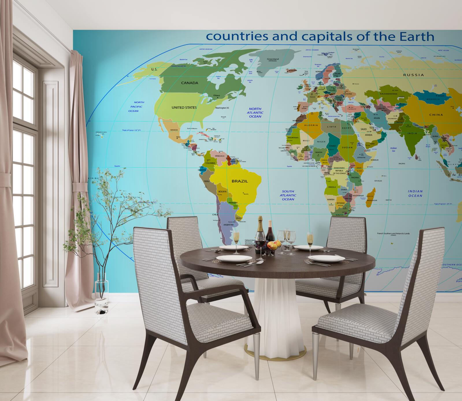 Papier peint carte du monde montrant les pays et leurs capitales