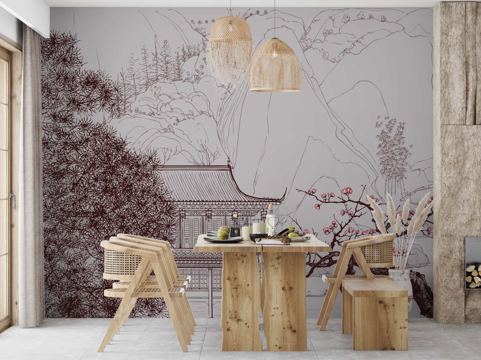 Papier peint Jardin de style japonais près d'une maison de campagne dans les montagnes
