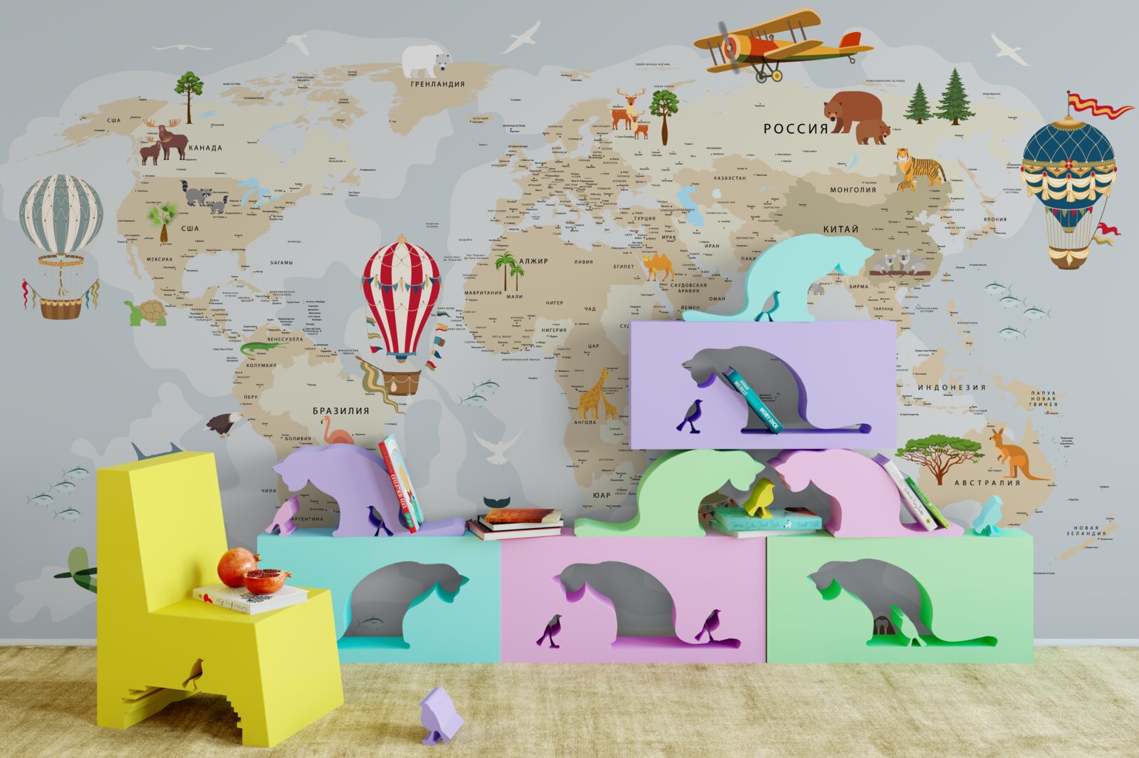 Papier peint carte du monde montrant des animaux et des véhicules
