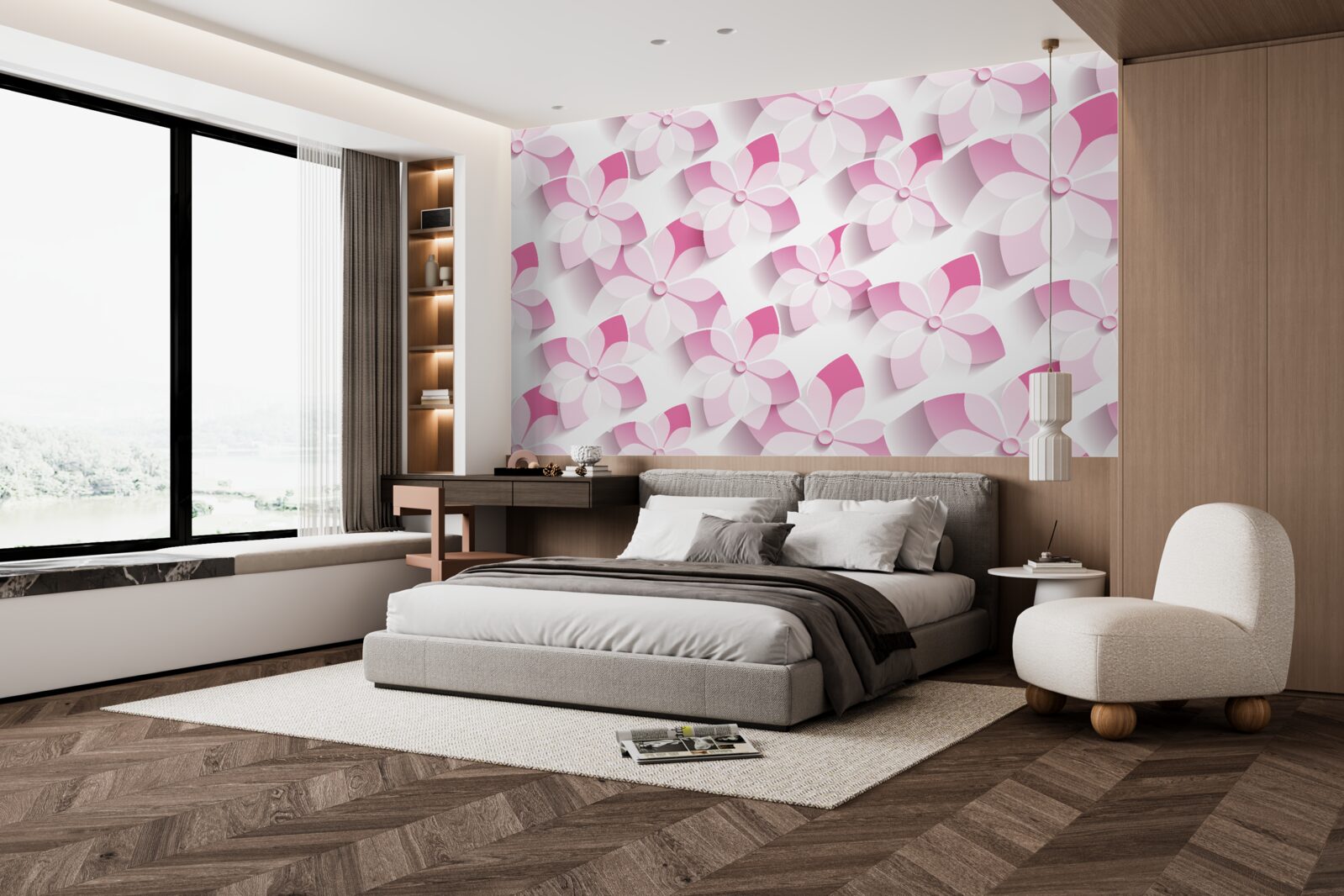 Papier peint fond avec des fleurs roses et blanches
