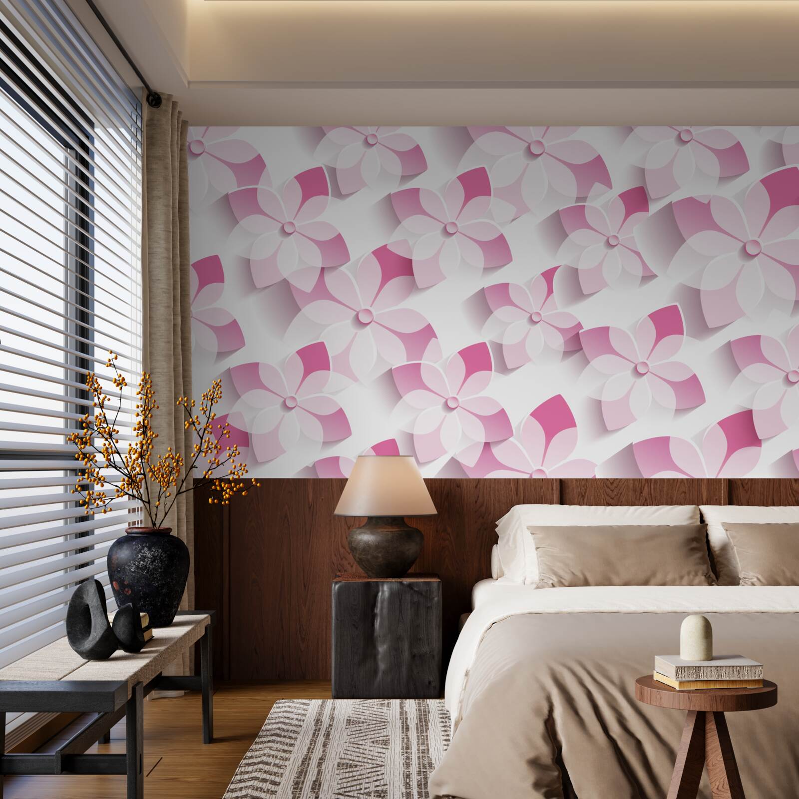 Papier peint fond avec des fleurs roses et blanches