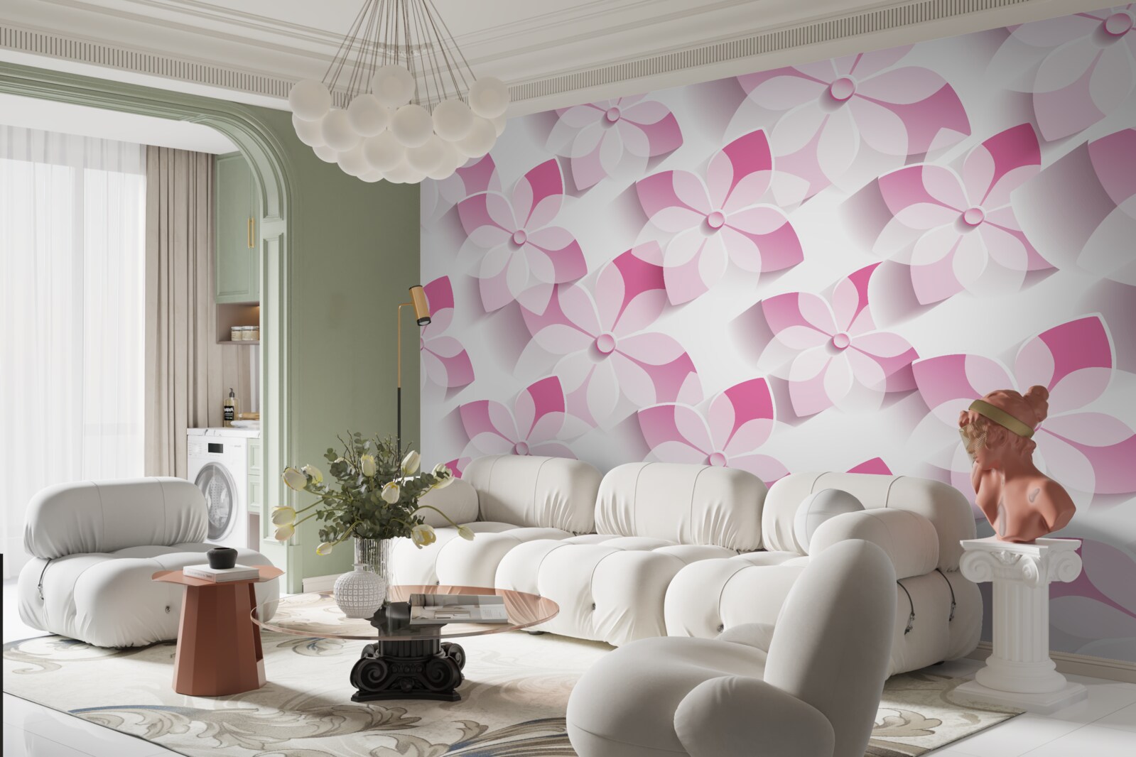 Papier peint fond avec des fleurs roses et blanches