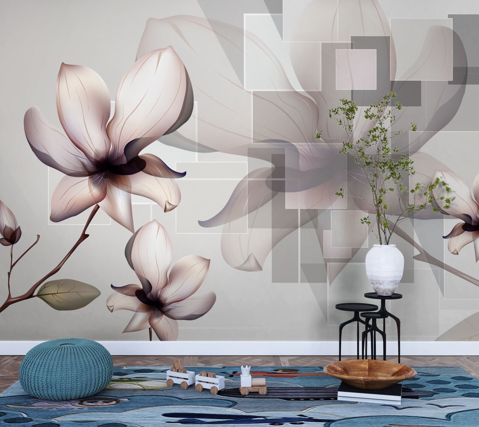 Papier peint grands magnolias blancs