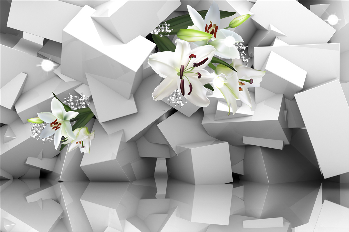 Papier peint figures abstraites avec des fleurs de lys blanches comme la neige