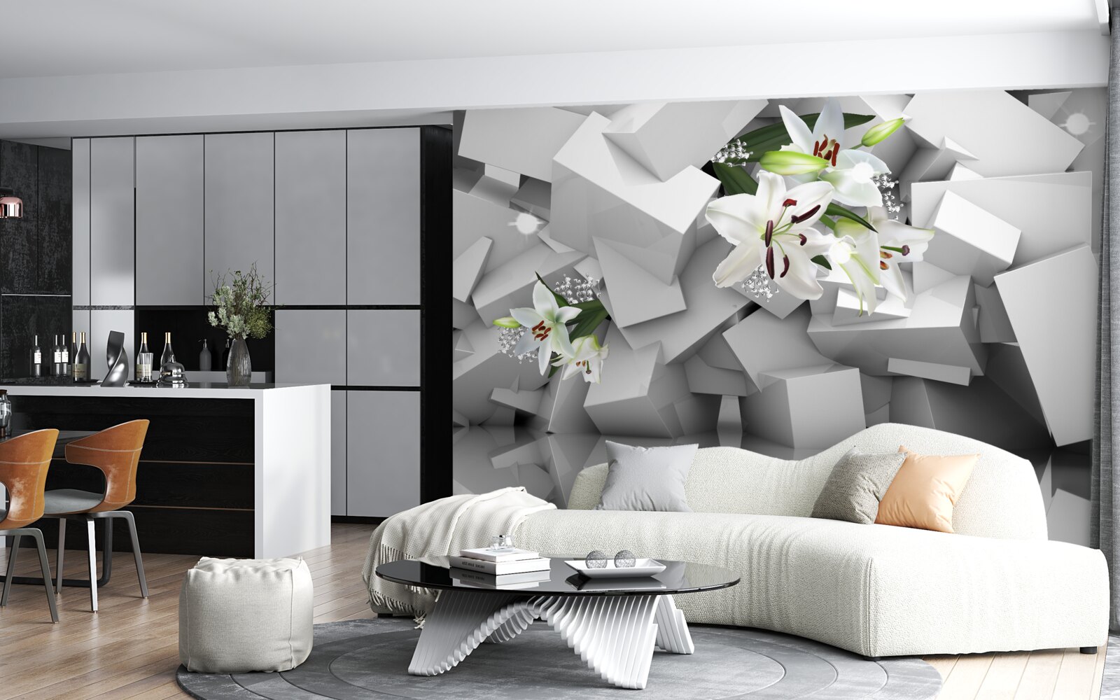 Papier peint figures abstraites avec des fleurs de lys blanches comme la neige