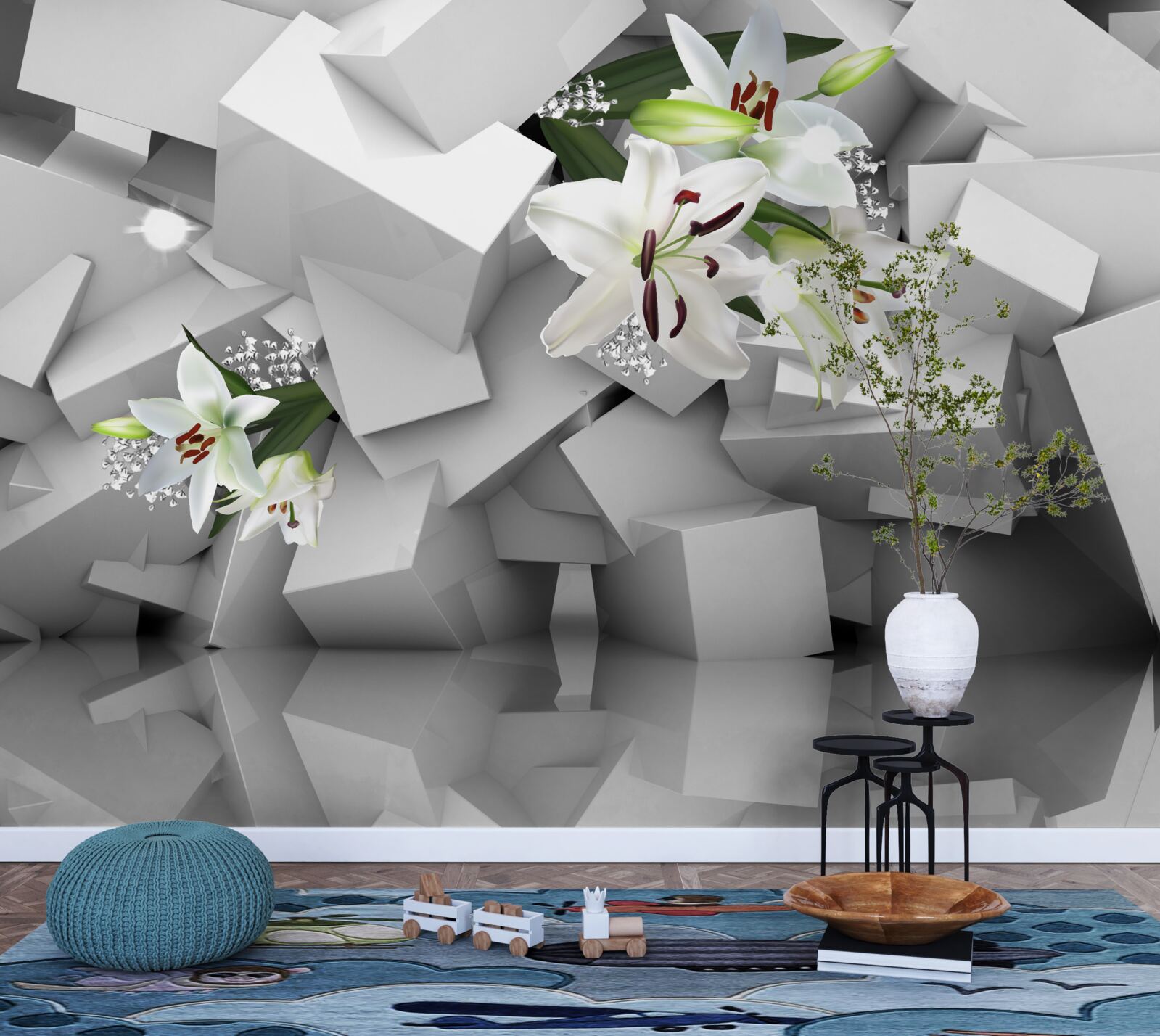 Papier peint figures abstraites avec des fleurs de lys blanches comme la neige