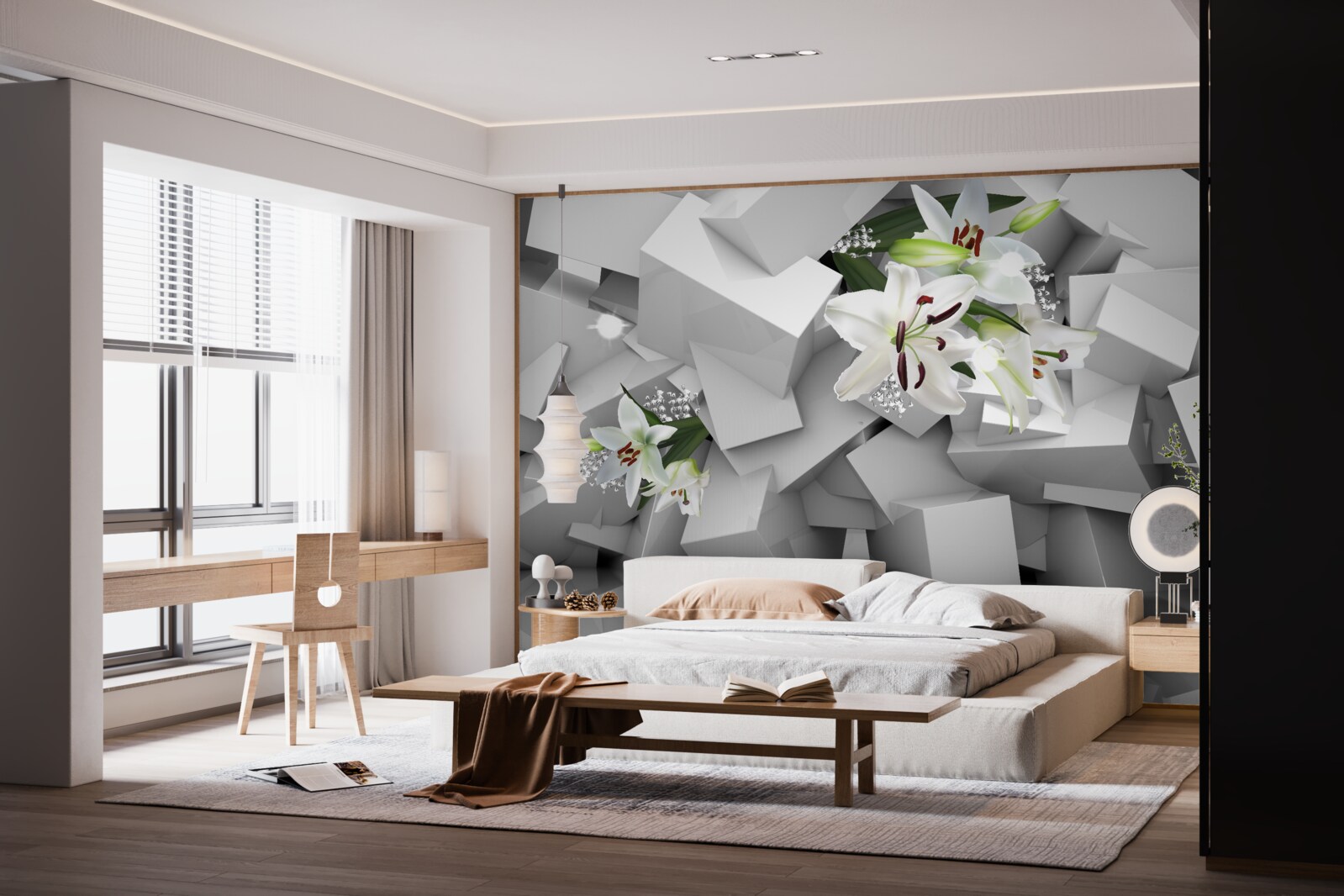 Papier peint figures abstraites avec des fleurs de lys blanches comme la neige