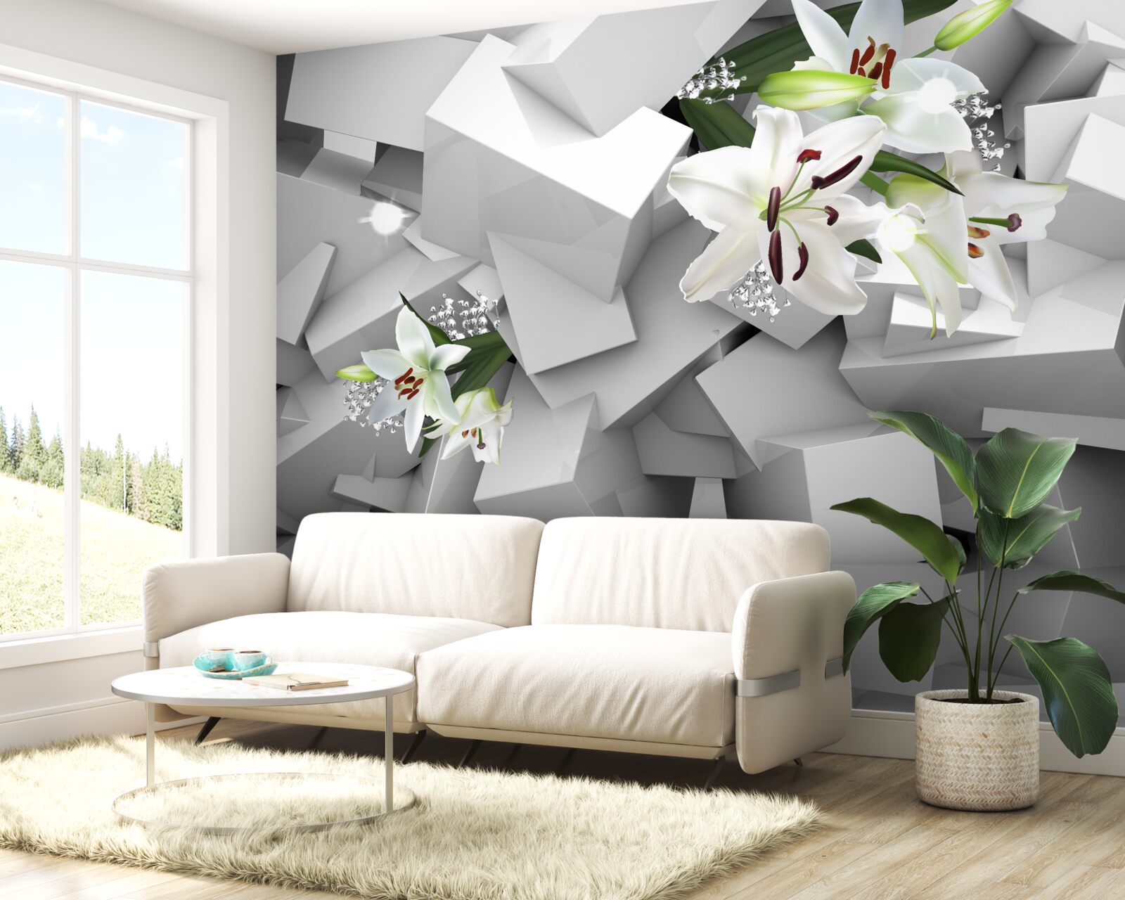 Papier peint figures abstraites avec des fleurs de lys blanches comme la neige