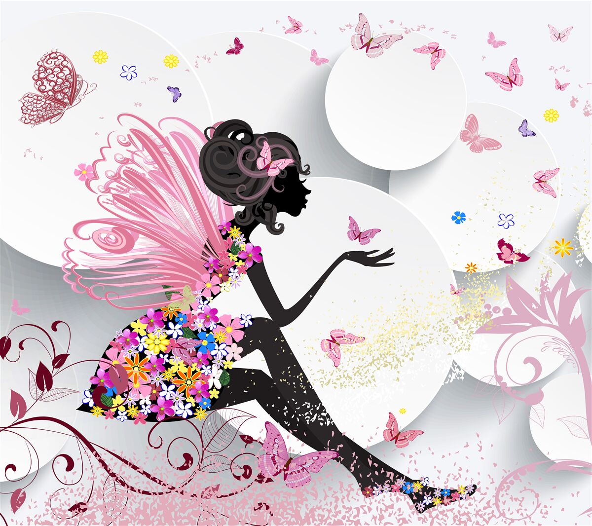 Papier peint fille avec des ailes, décorée de fleurs et de papillons