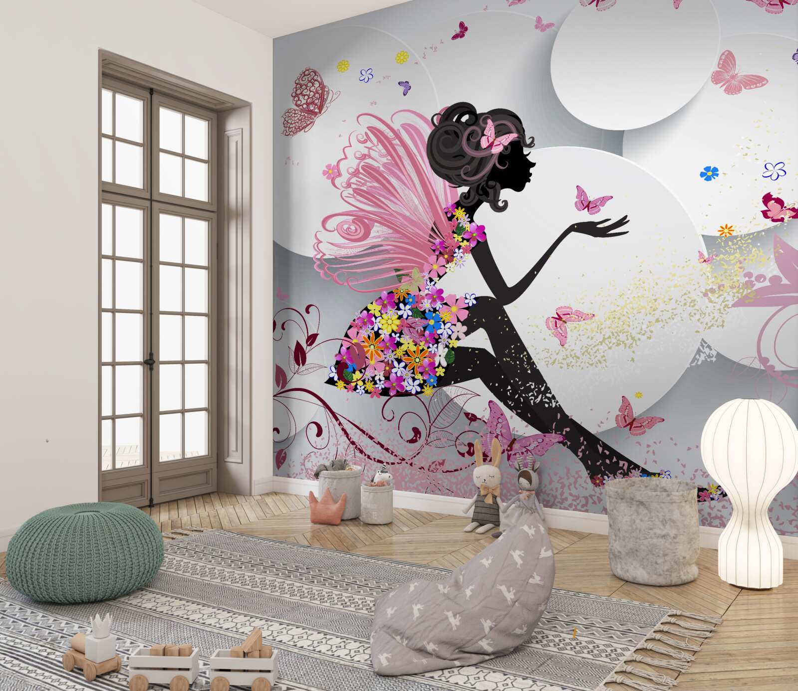 Papier peint fille avec des ailes, décorée de fleurs et de papillons