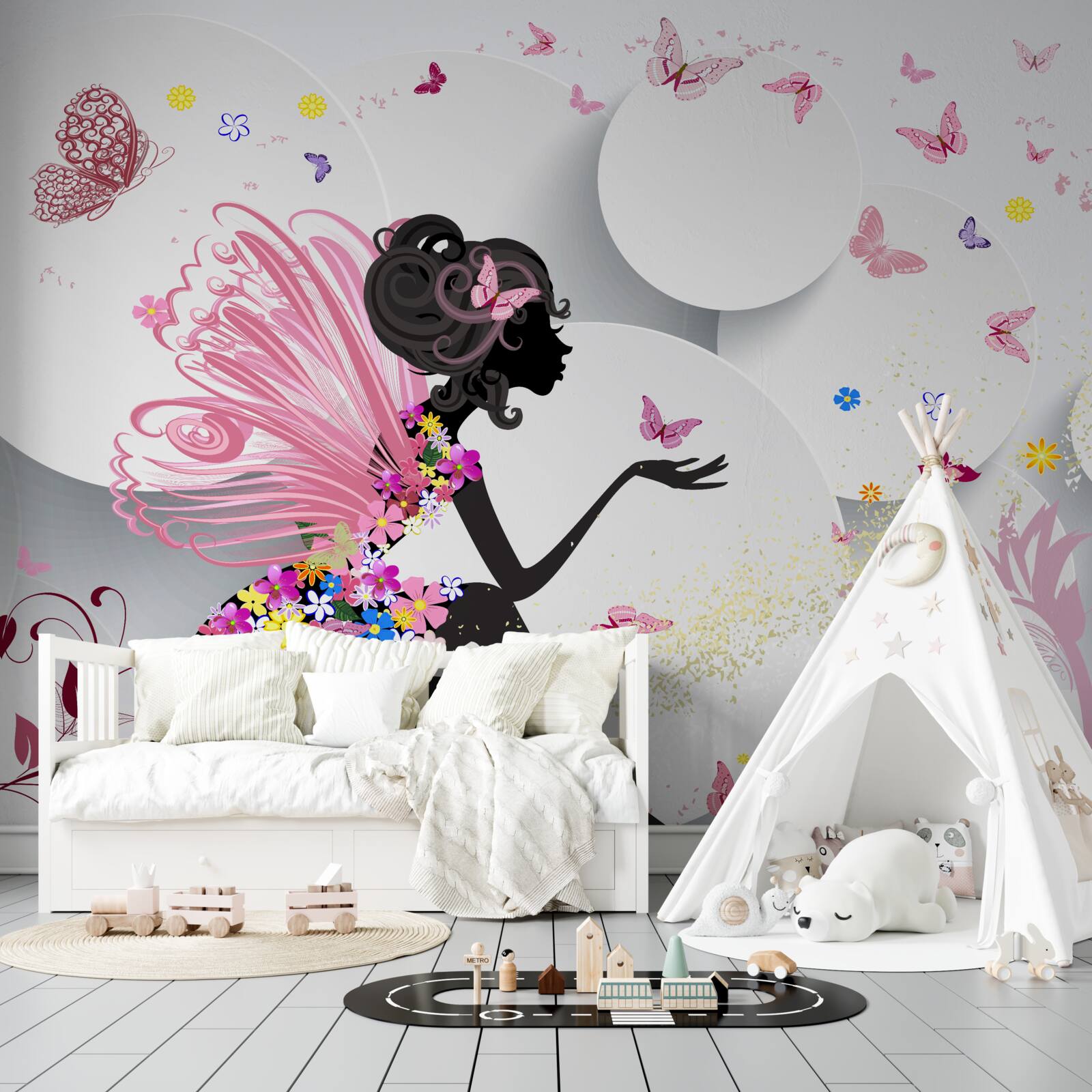 Papier peint fille avec des ailes, décorée de fleurs et de papillons