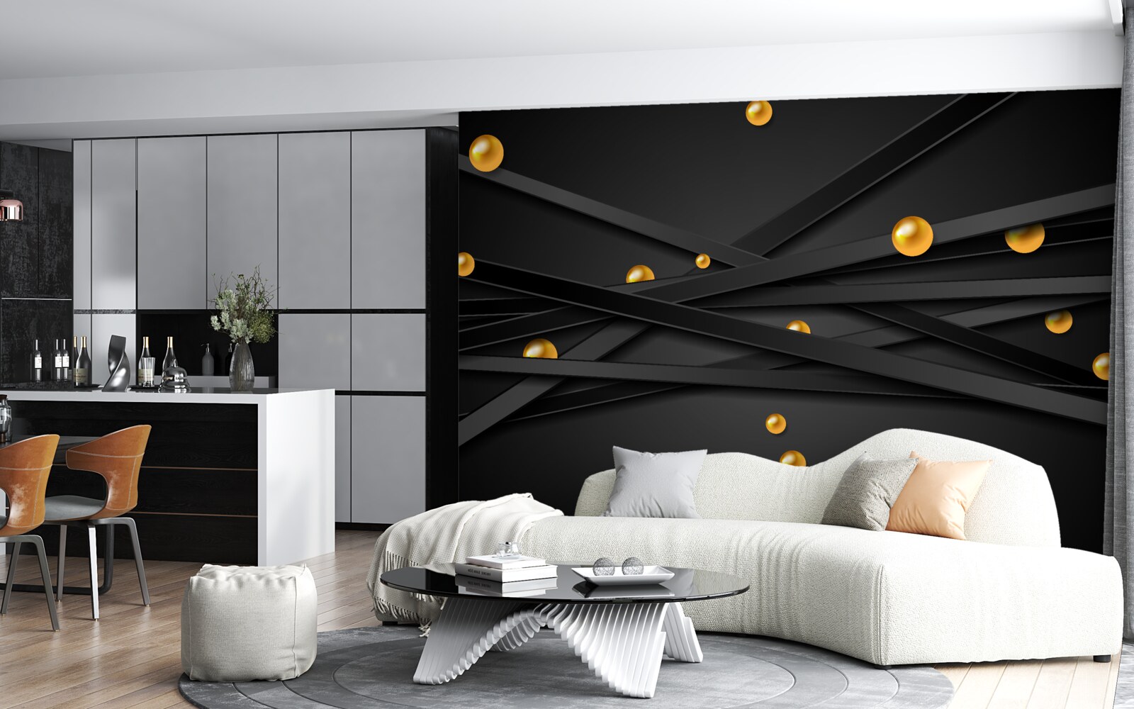 Papier peint des lignes noires sans fin décorées de cercles jaunes