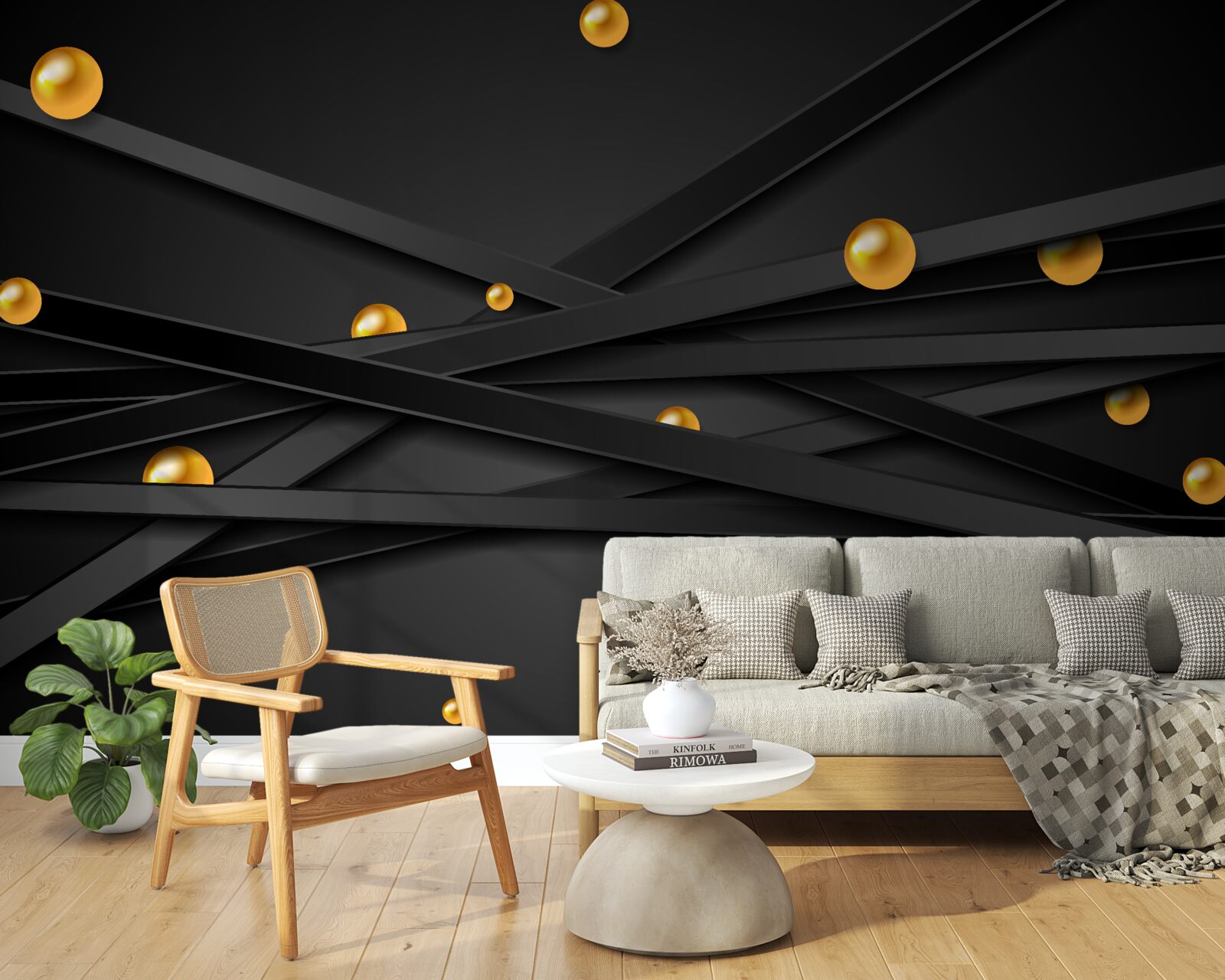 Papier peint des lignes noires sans fin décorées de cercles jaunes