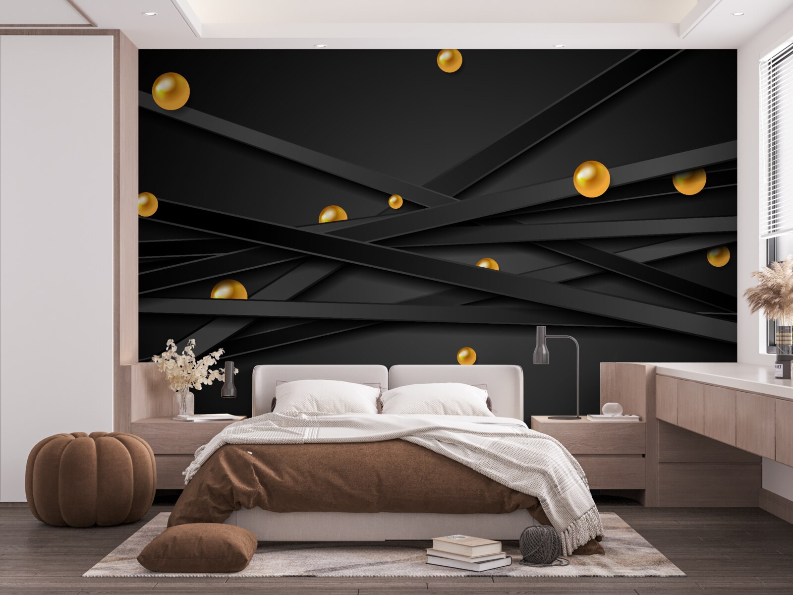 Papier peint des lignes noires sans fin décorées de cercles jaunes