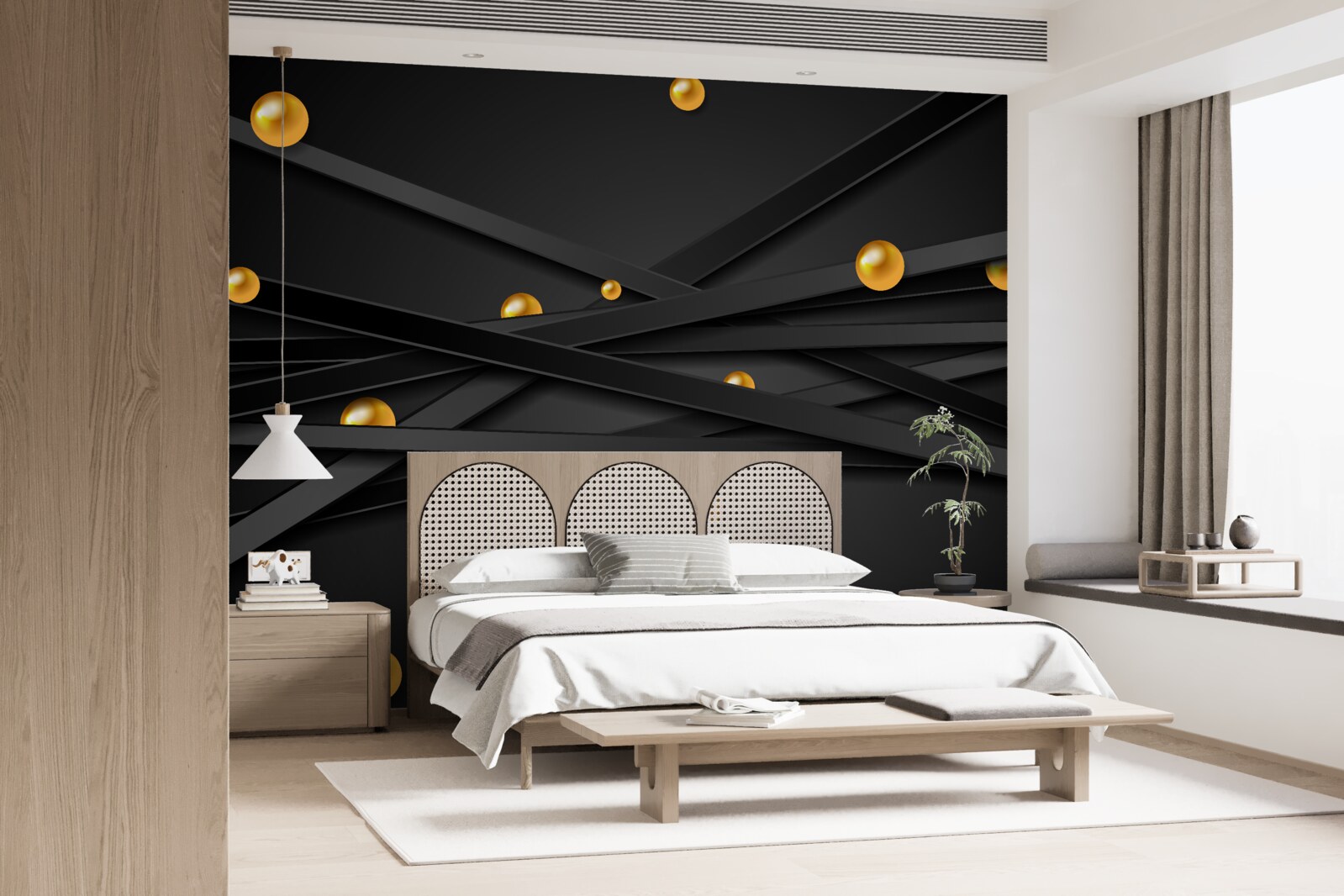 Papier peint des lignes noires sans fin décorées de cercles jaunes