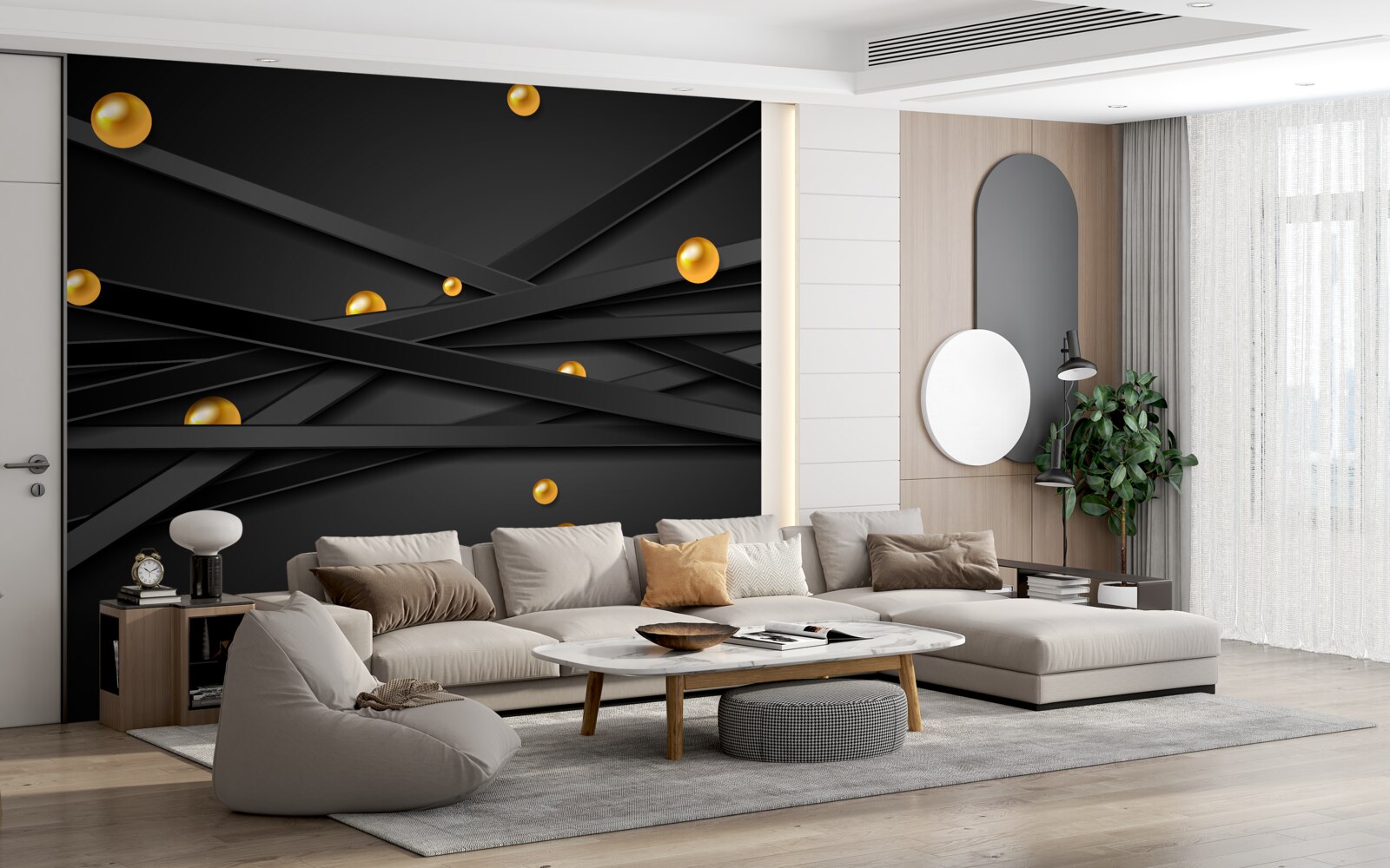 Papier peint des lignes noires sans fin décorées de cercles jaunes