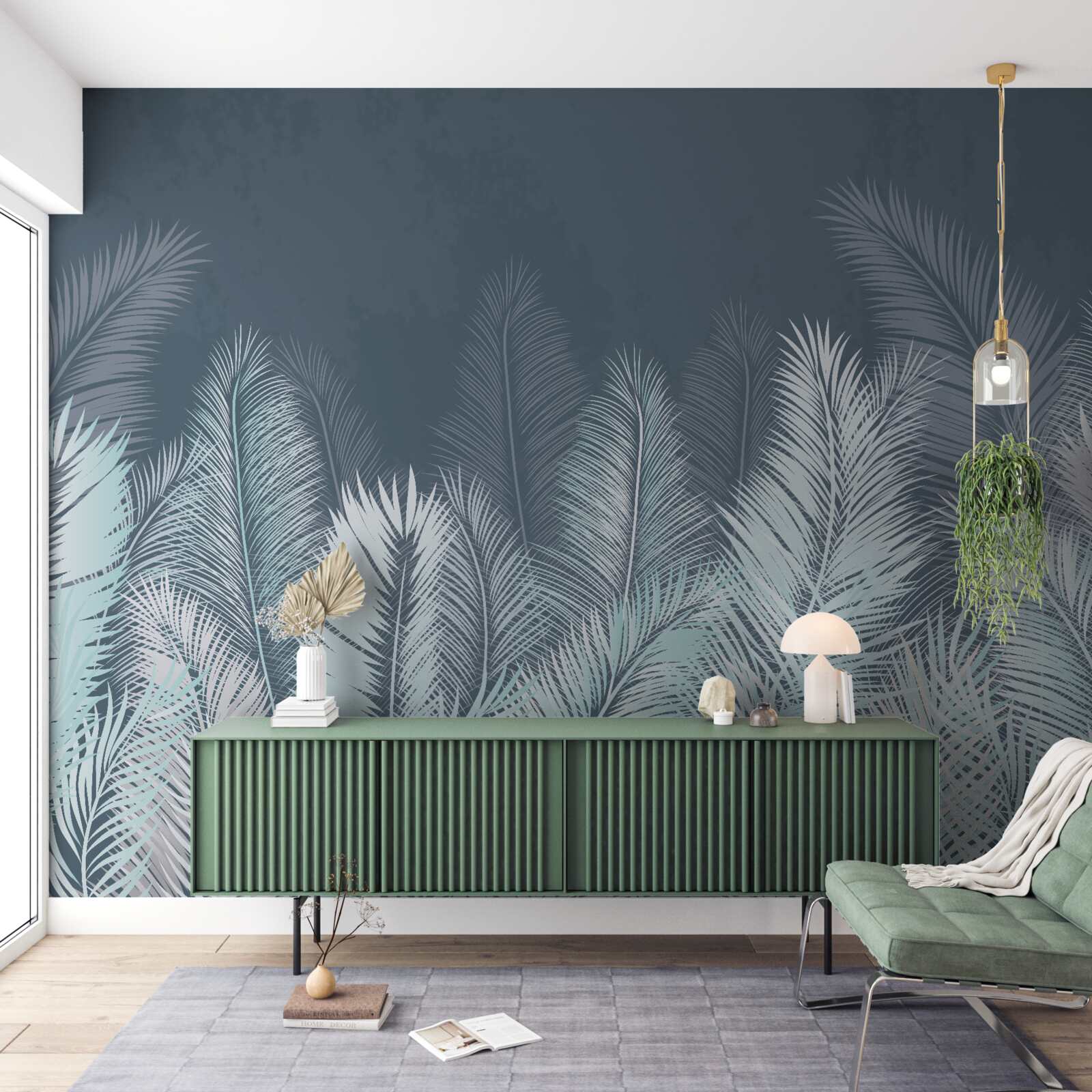Papier peint les feuilles bleu foncé ressemblent à des plumes