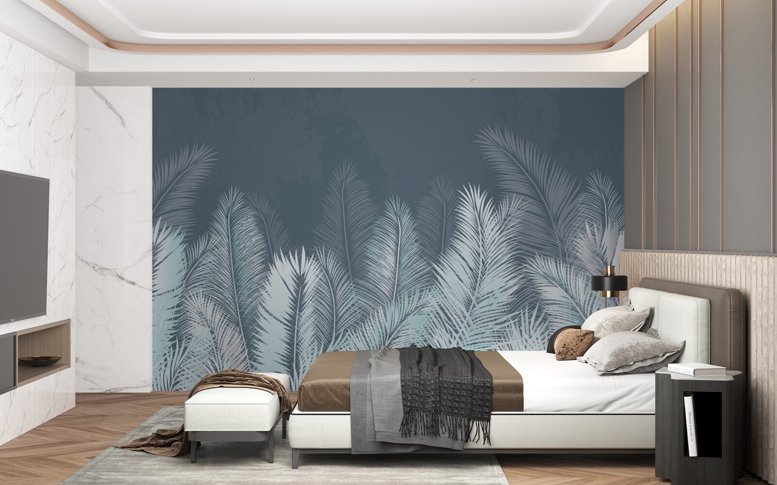 Papier peint les feuilles bleu foncé ressemblent à des plumes