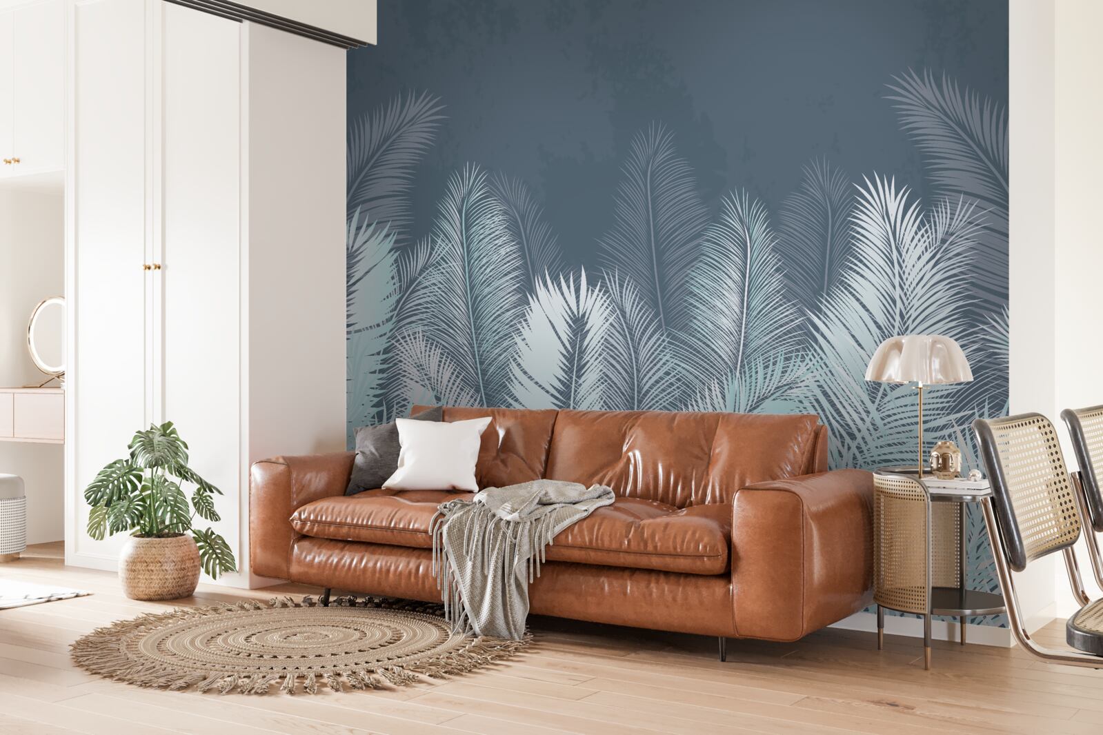 Papier peint les feuilles bleu foncé ressemblent à des plumes