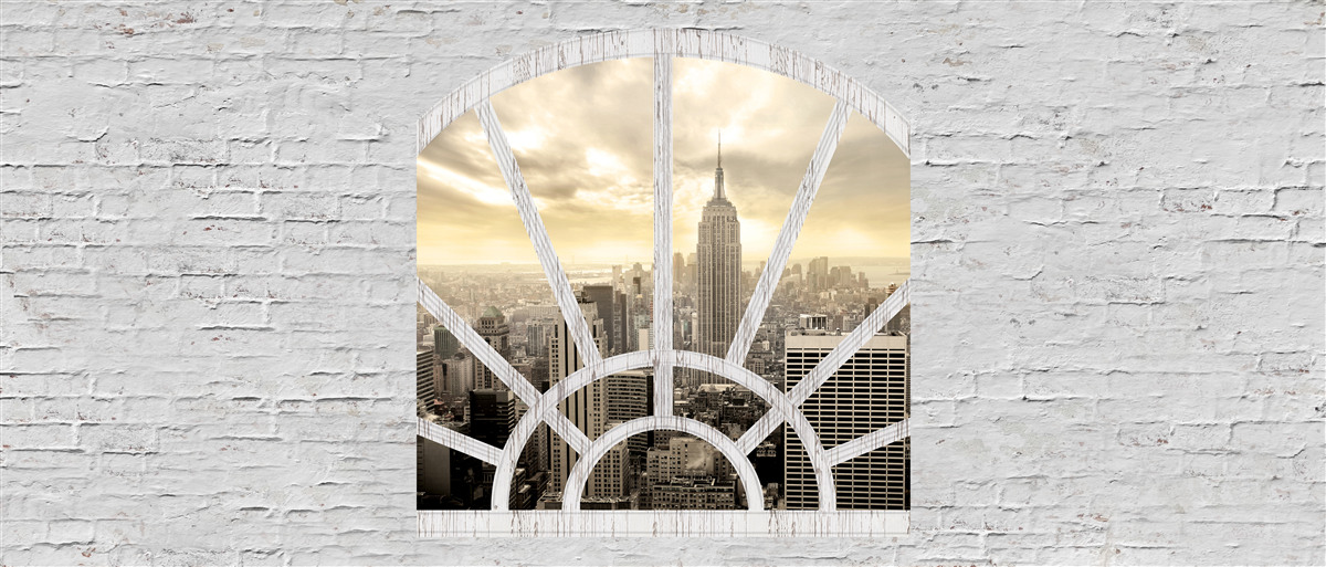 Papier peint une fenêtre panoramique dans un mur de briques offrant une vue sur la ville de new york