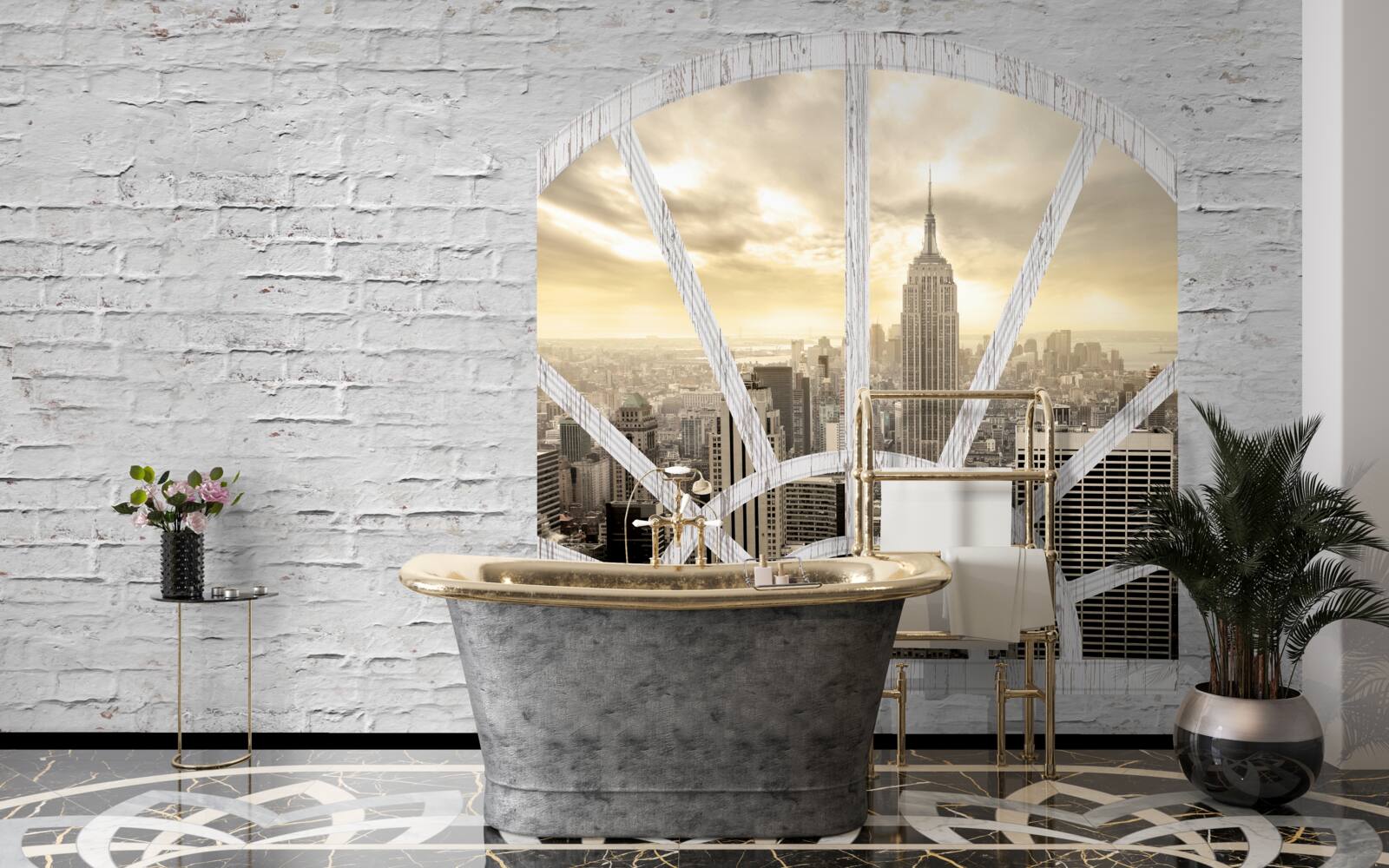 Papier peint une fenêtre panoramique dans un mur de briques offrant une vue sur la ville de new york