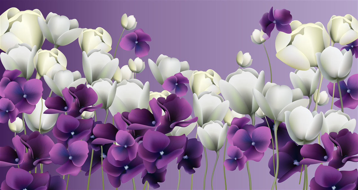 Papier peint fleurs blanches et violettes